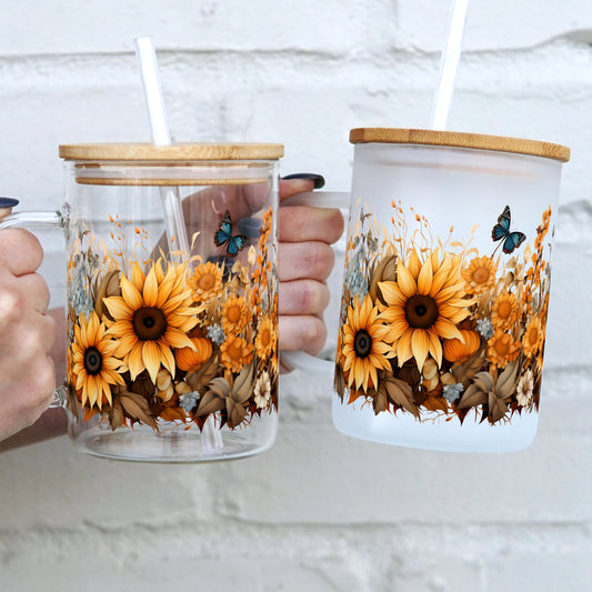 Sunflower 17oz Glass Mug with Lid and Straw