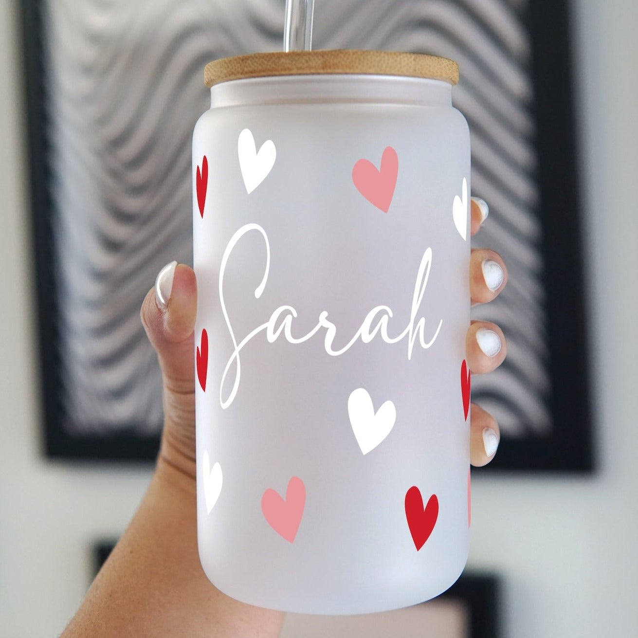 Personalized Hearts Glass Can Cup with Lid and Straw