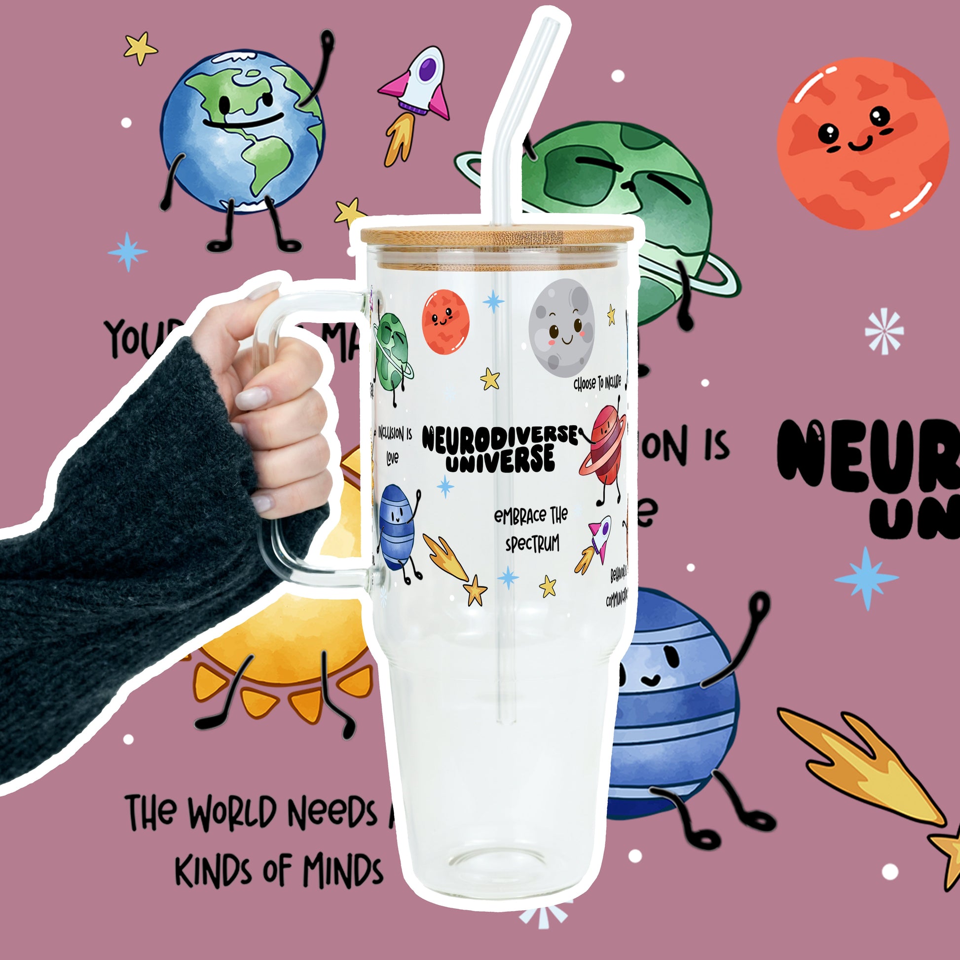 Neurodiverse Universe 40oz Glass or Plastic Tumbler With Lid and Straw - Sip Sip Hooray