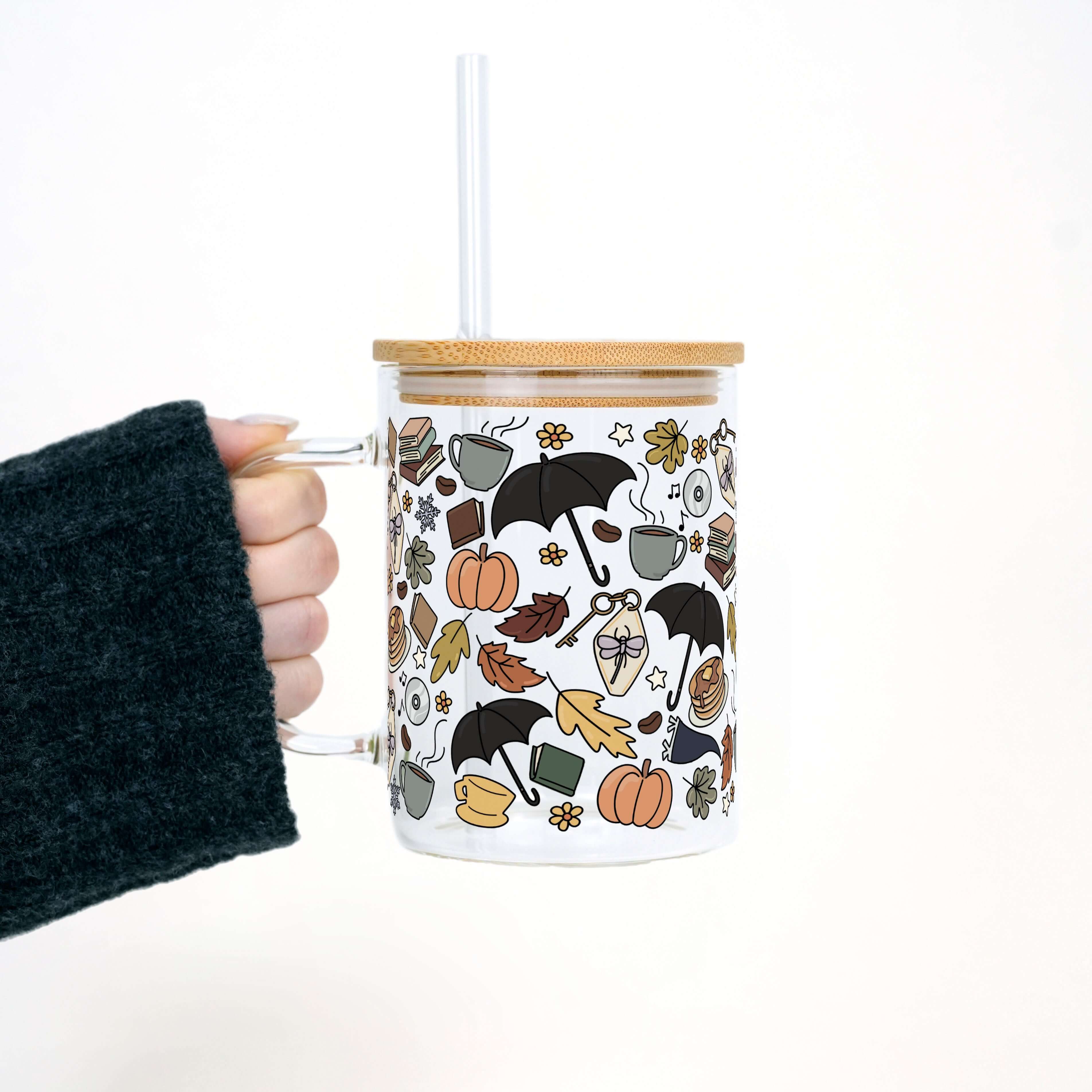 Fall Girls Clear 17oz Glass Mug With Lid and Straw