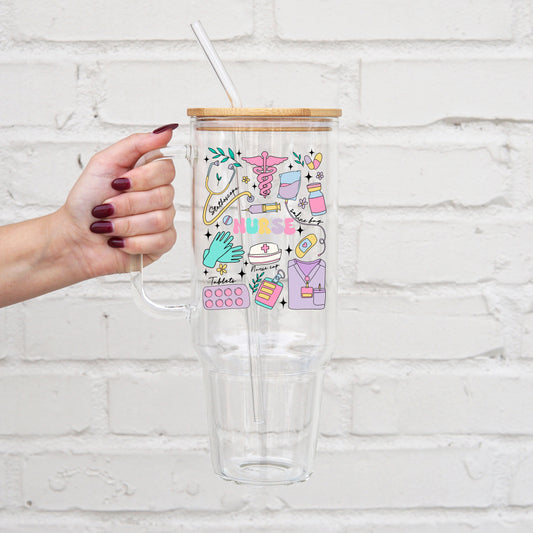 Nurse 40oz Glass Tumbler With Lid and Straw