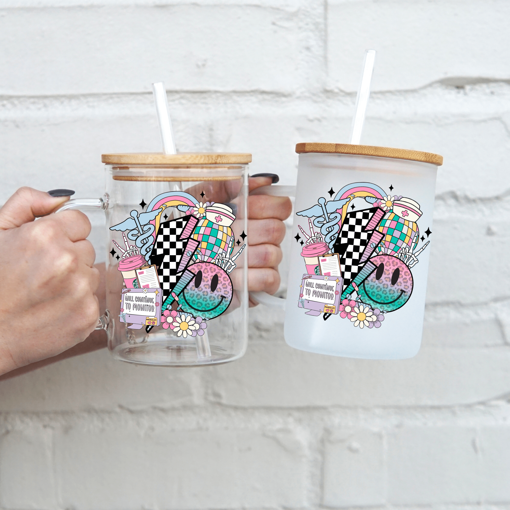 Nurse 17oz Glass Mug With Lid and Straw - Sip Sip Hooray