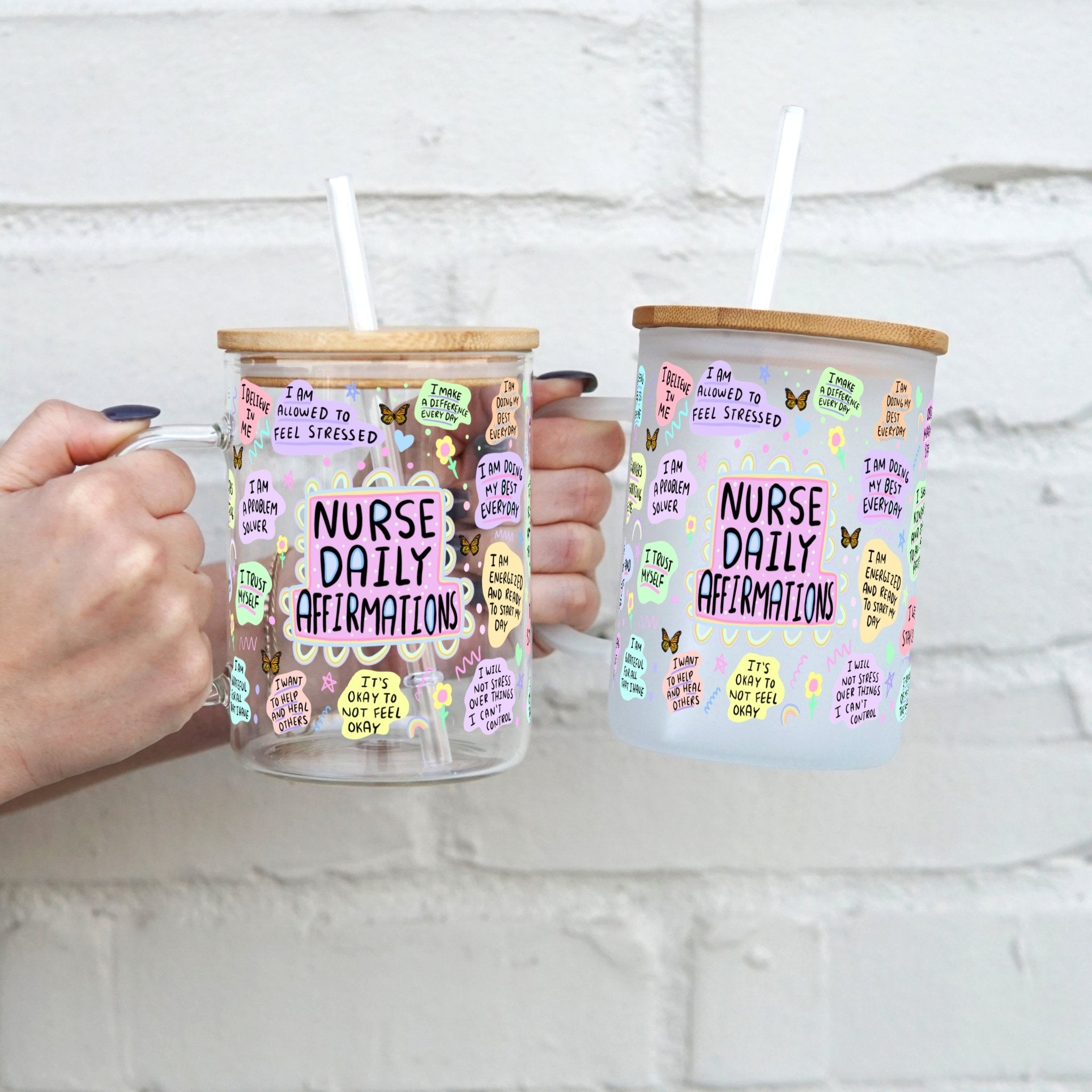 Nurse Daily Affirmation 17oz Glass Mug With Lid and Straw - Sip Sip Hooray