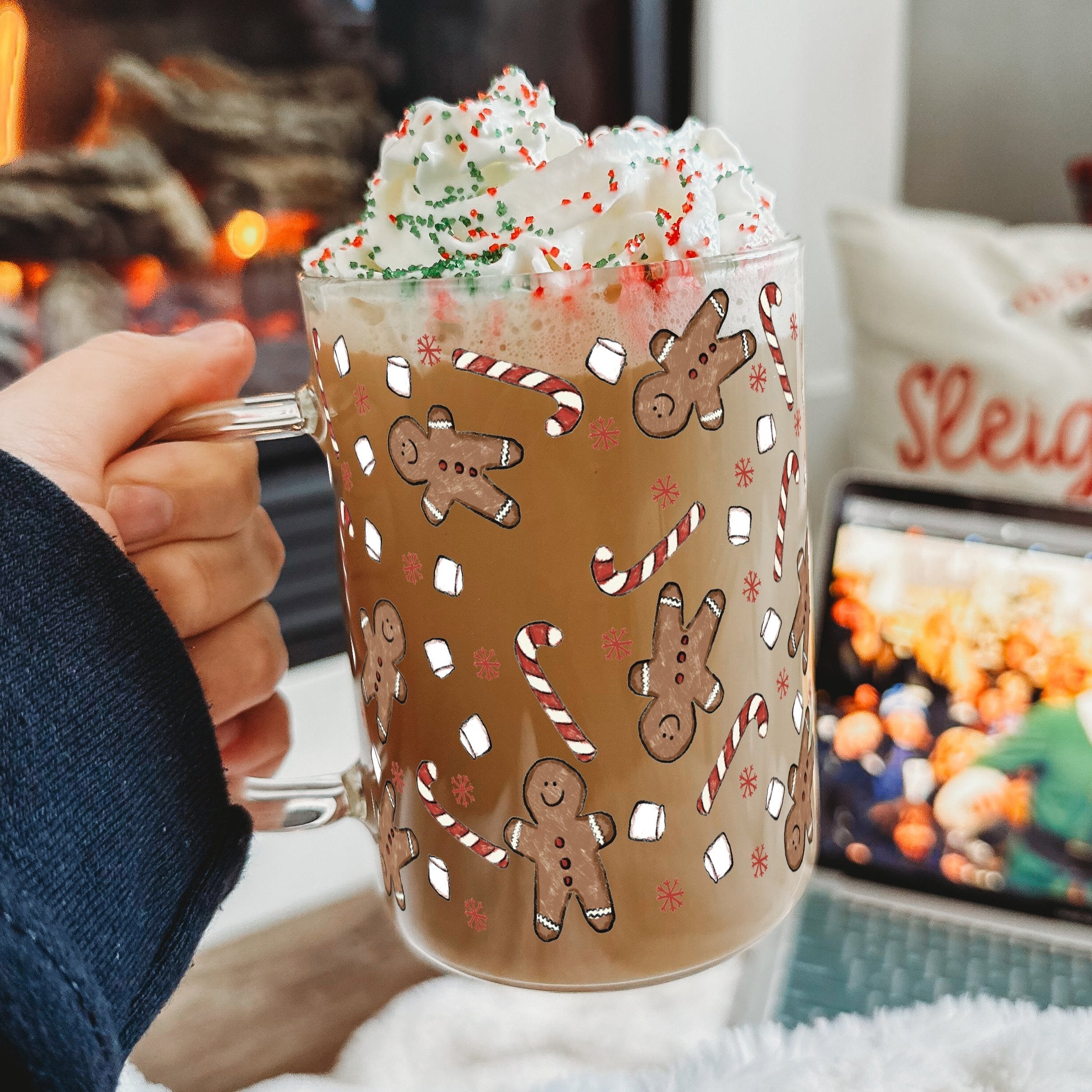 Peppermint Gingerbread 17oz Glass Mug With Lid and Straw - Sip Sip Hooray