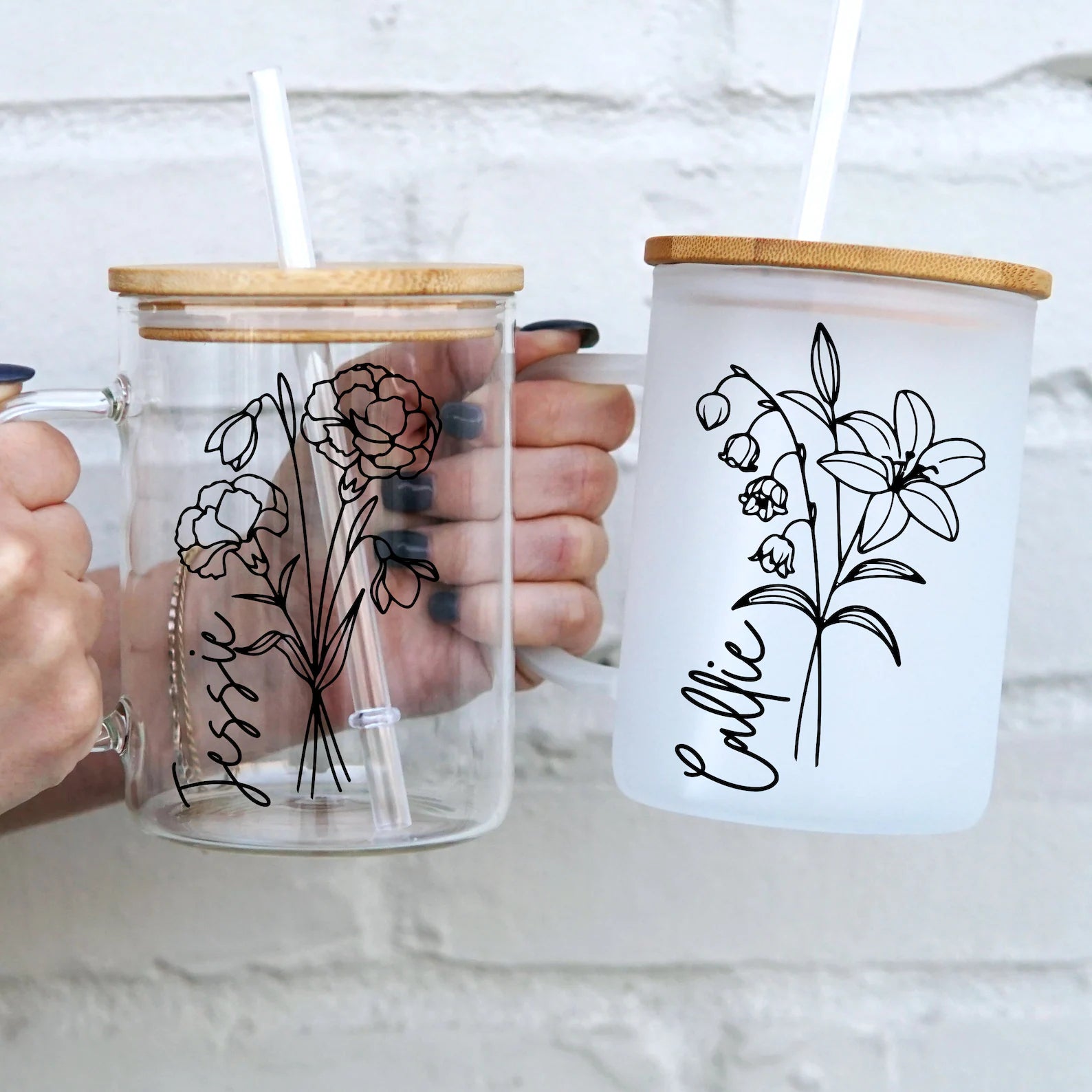 Personalized Birth Flower 17oz Glass Mug With Lid and Straw - Sip Sip Hooray