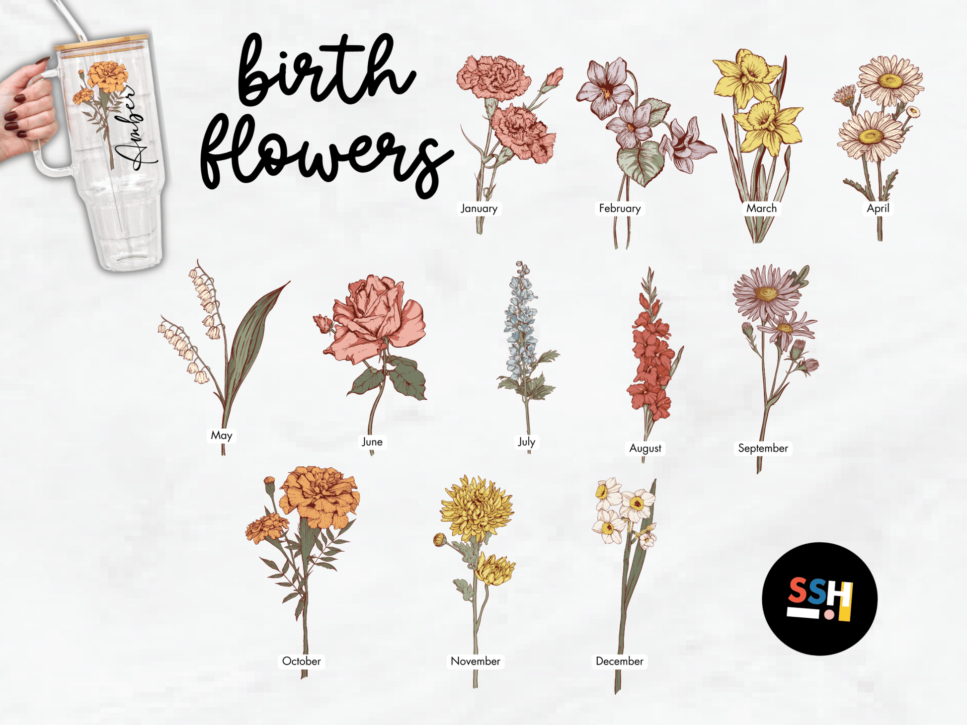 Personalized Color Birth Flower 17oz Glass Mug With Lid and Straw - Sip Sip Hooray