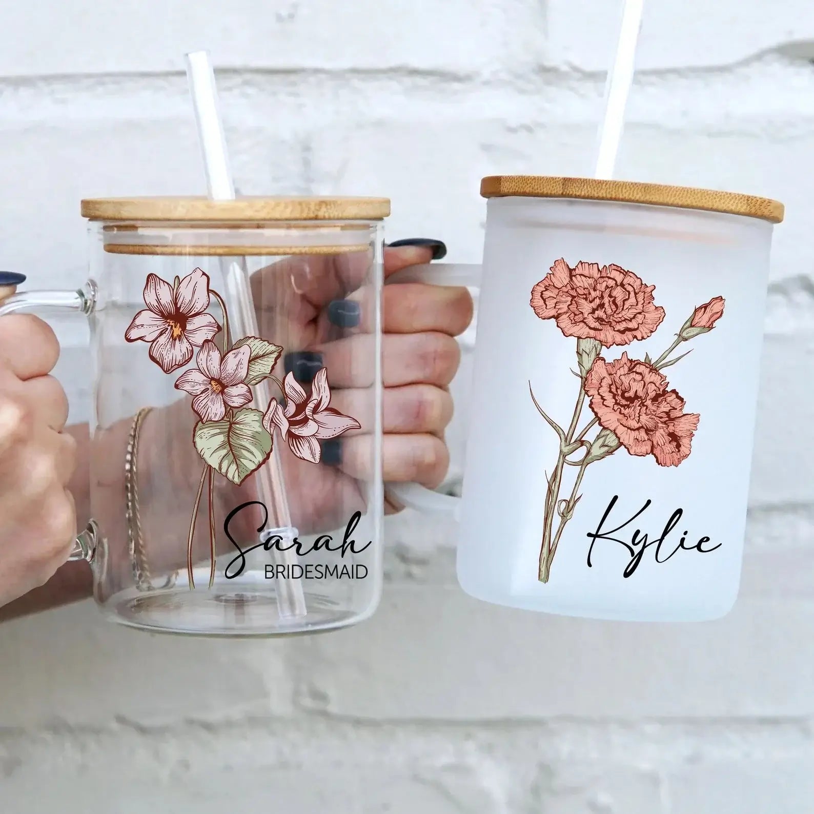 Personalized Color Birth Flower 17oz Glass Mug With Lid and Straw