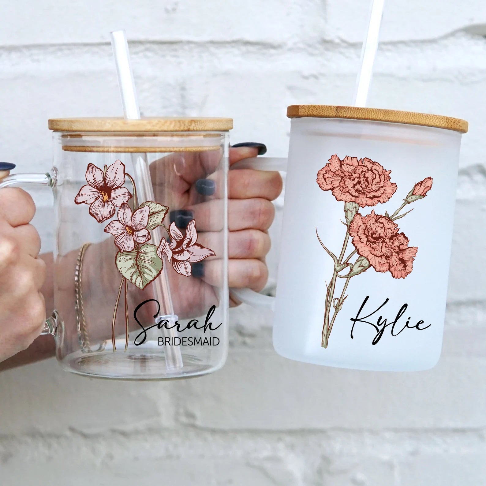 Personalized Color Birth Flower 17oz Glass Mug With Lid and Straw - Sip Sip Hooray