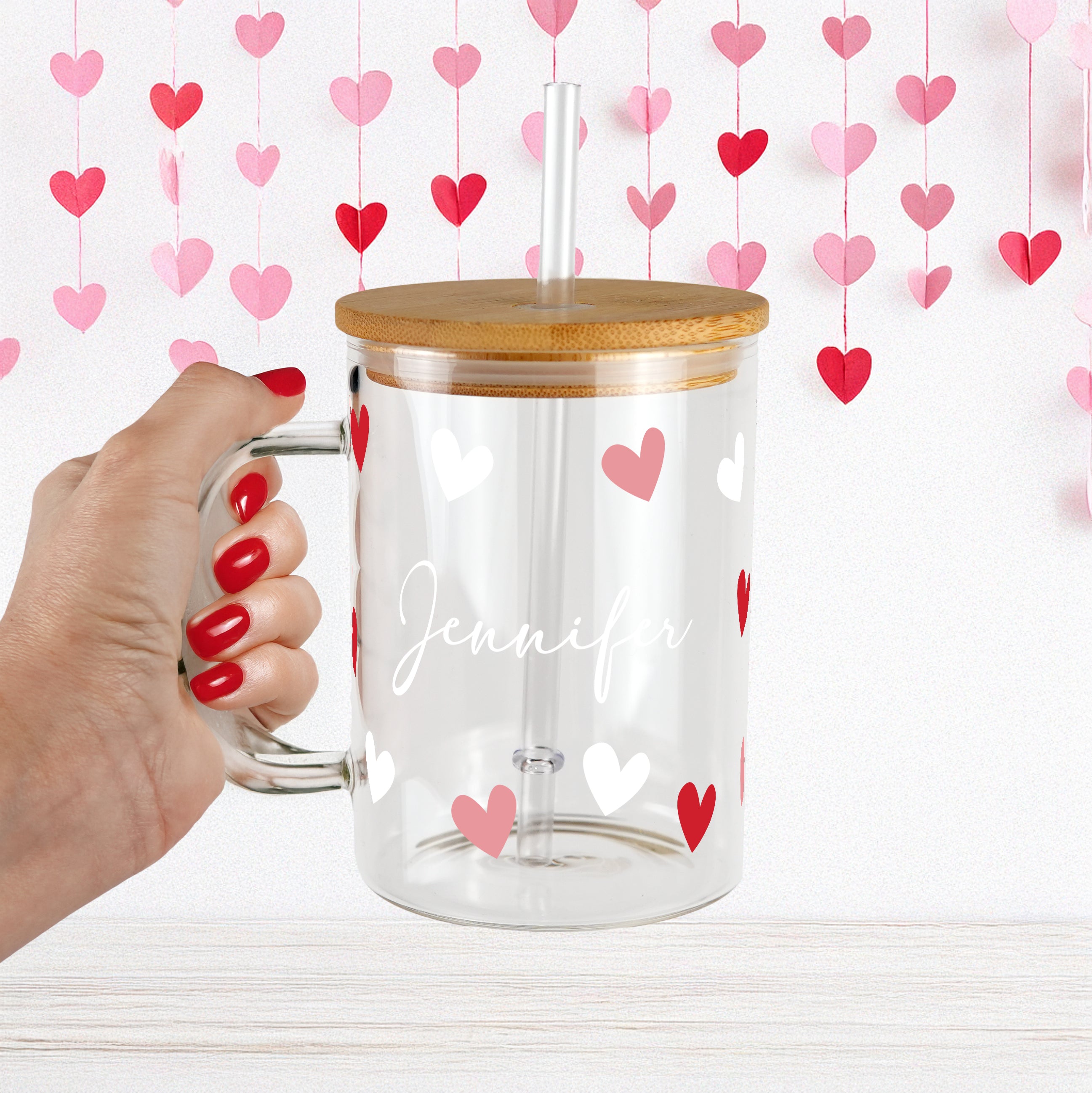 Personalized Hearts 17oz Glass Mug with Lid and Straw - Sip Sip Hooray