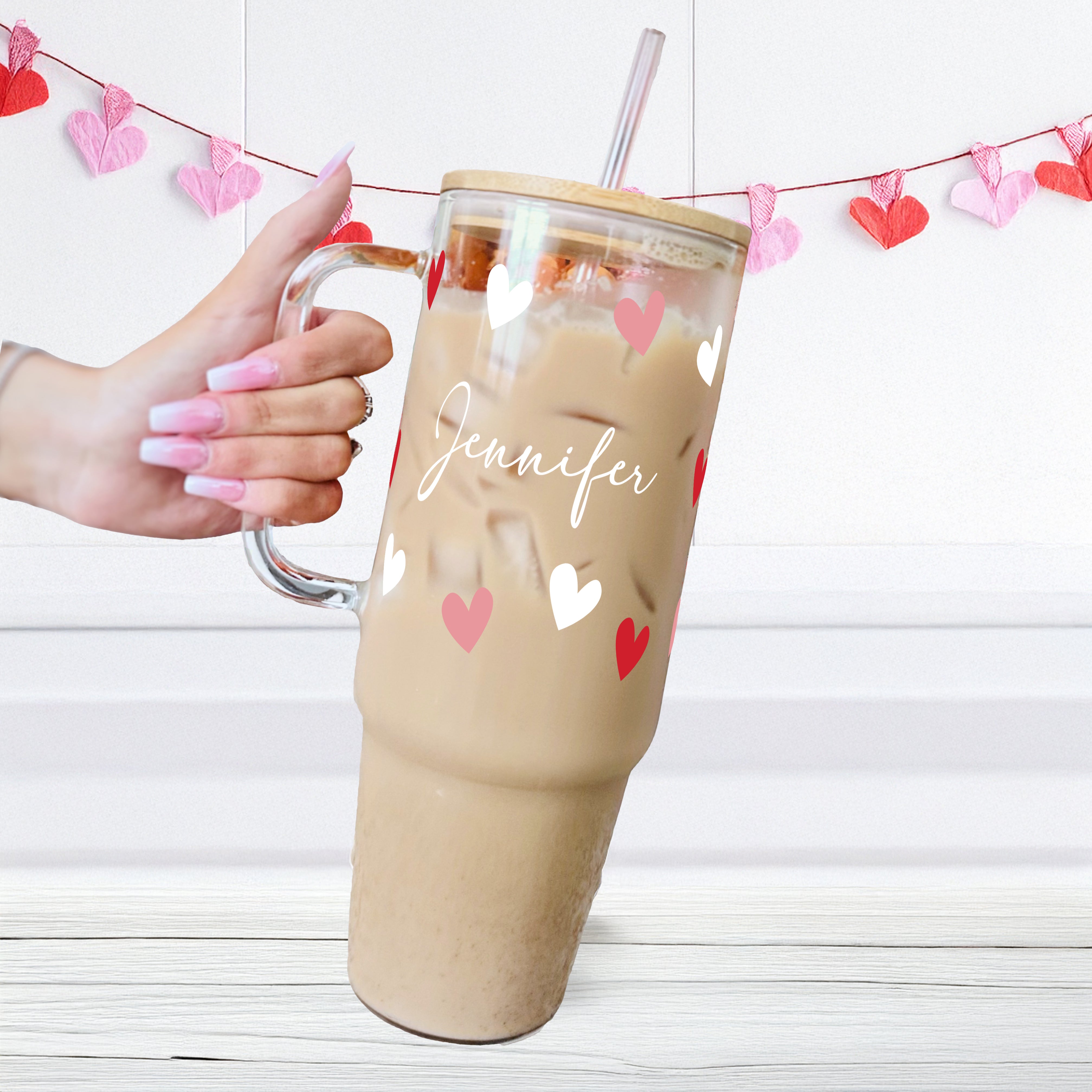Personalized Hearts Glass or Plastic Tumbler with Lid and Straw - Sip Sip Hooray
