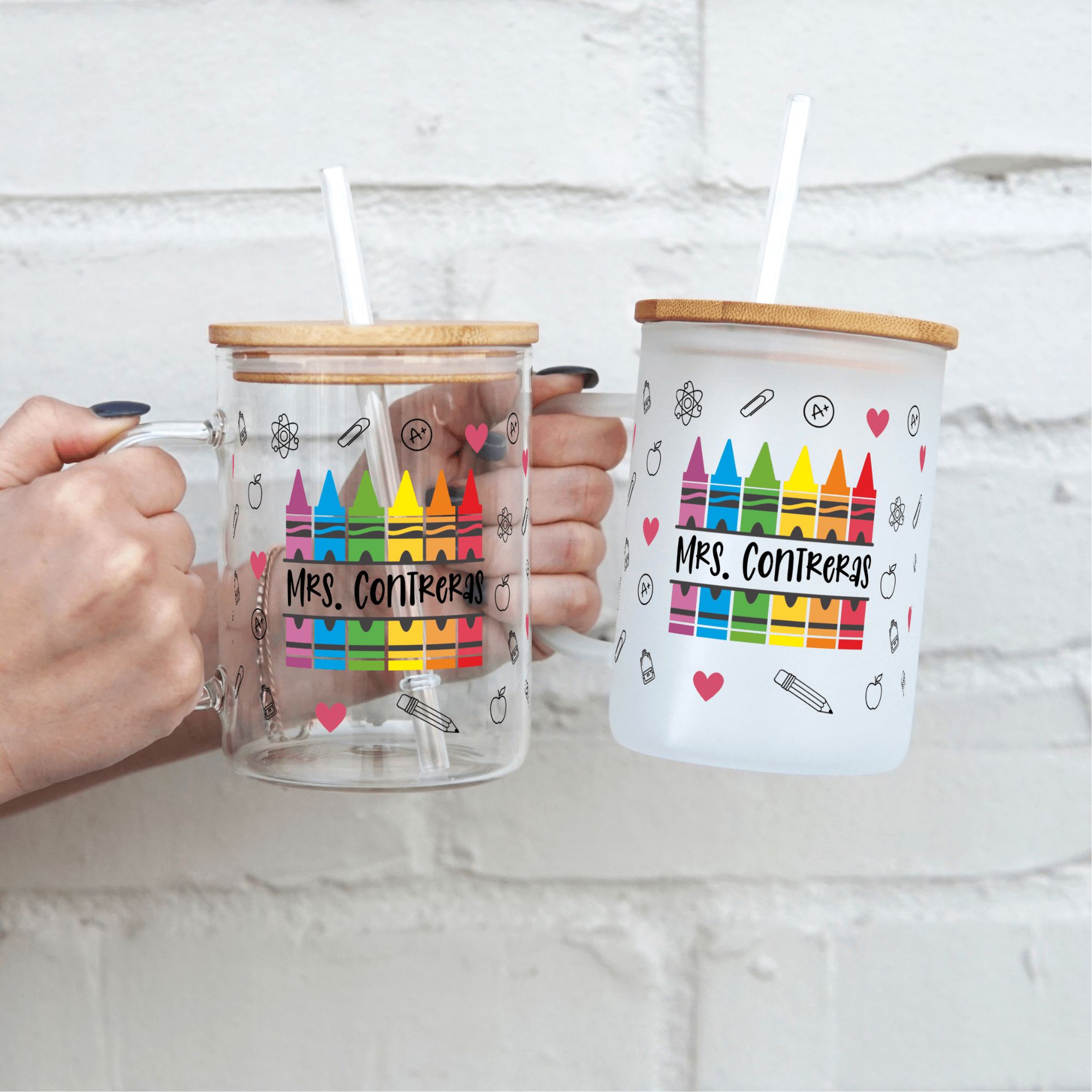 Personalized Teacher 17oz Glass Mug With Lid and Straw - Sip Sip Hooray