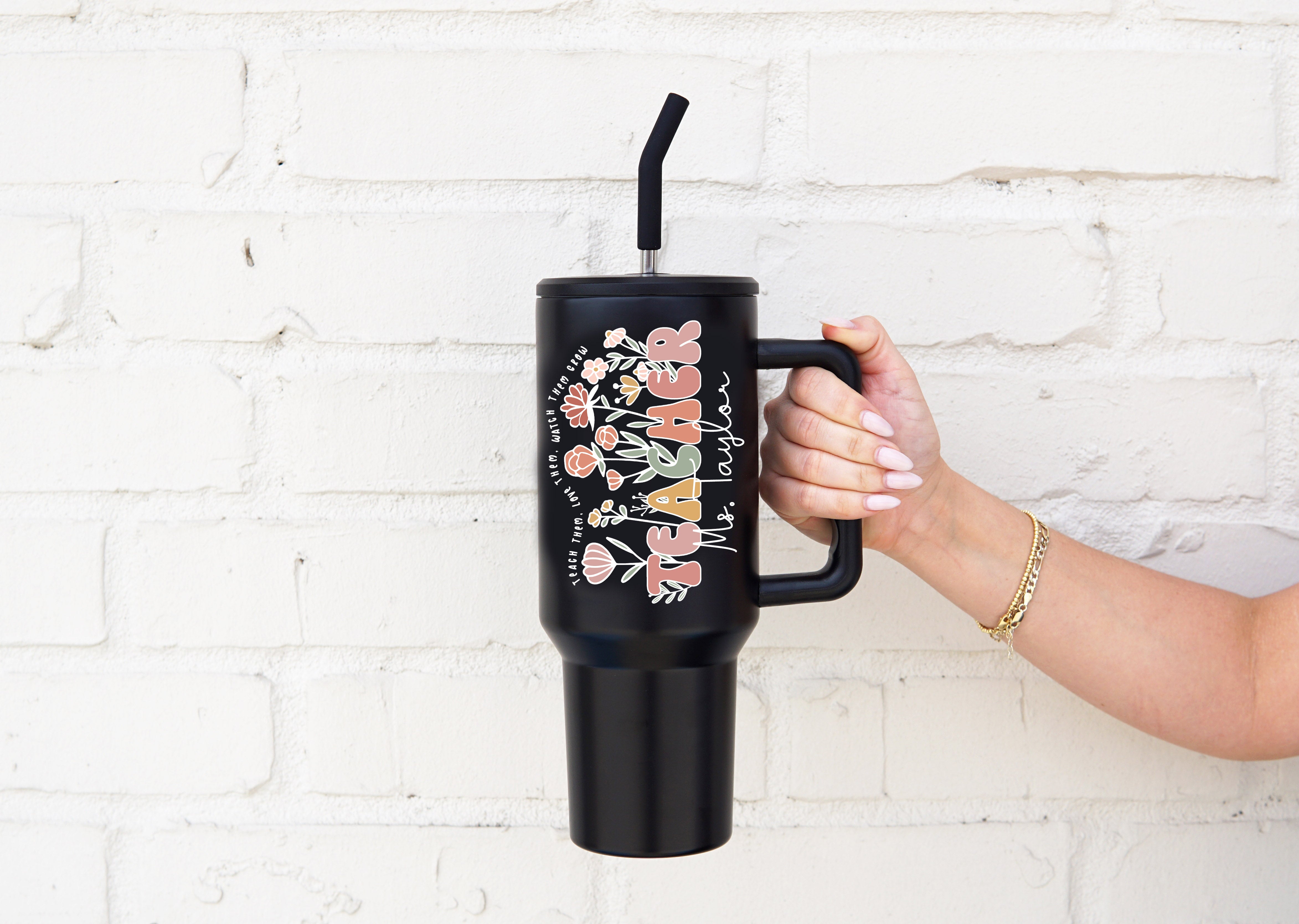 Personalized Teacher 40oz Metal Tumbler With Lid and Straw - Sip Sip Hooray
