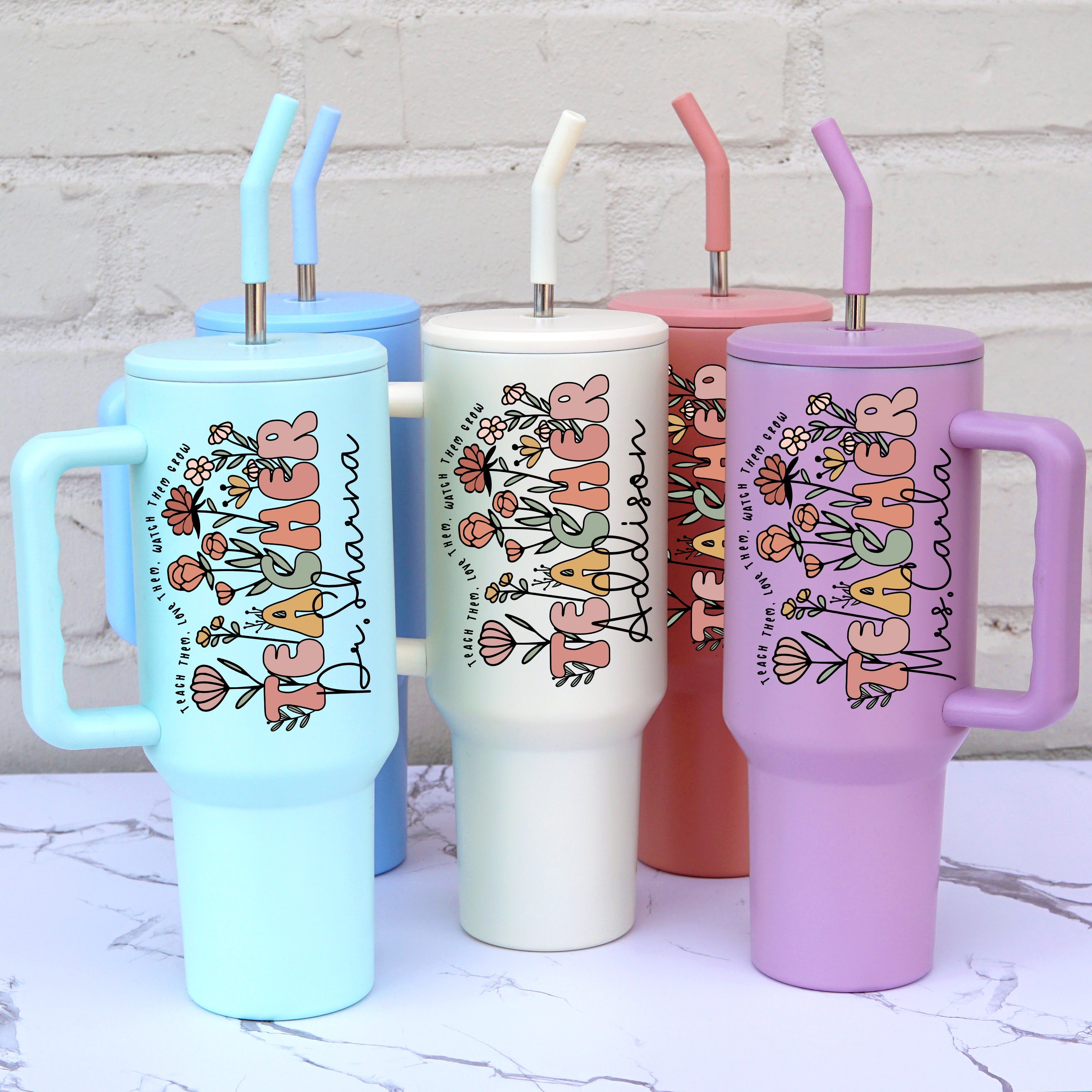 Personalized Teacher 40oz Metal Tumbler With Lid and Straw - Sip Sip Hooray