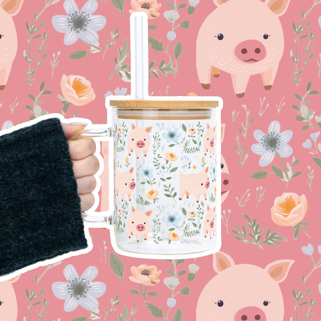 Piggy Floral 17oz Mug With Lid and Straw - Sip Sip Hooray