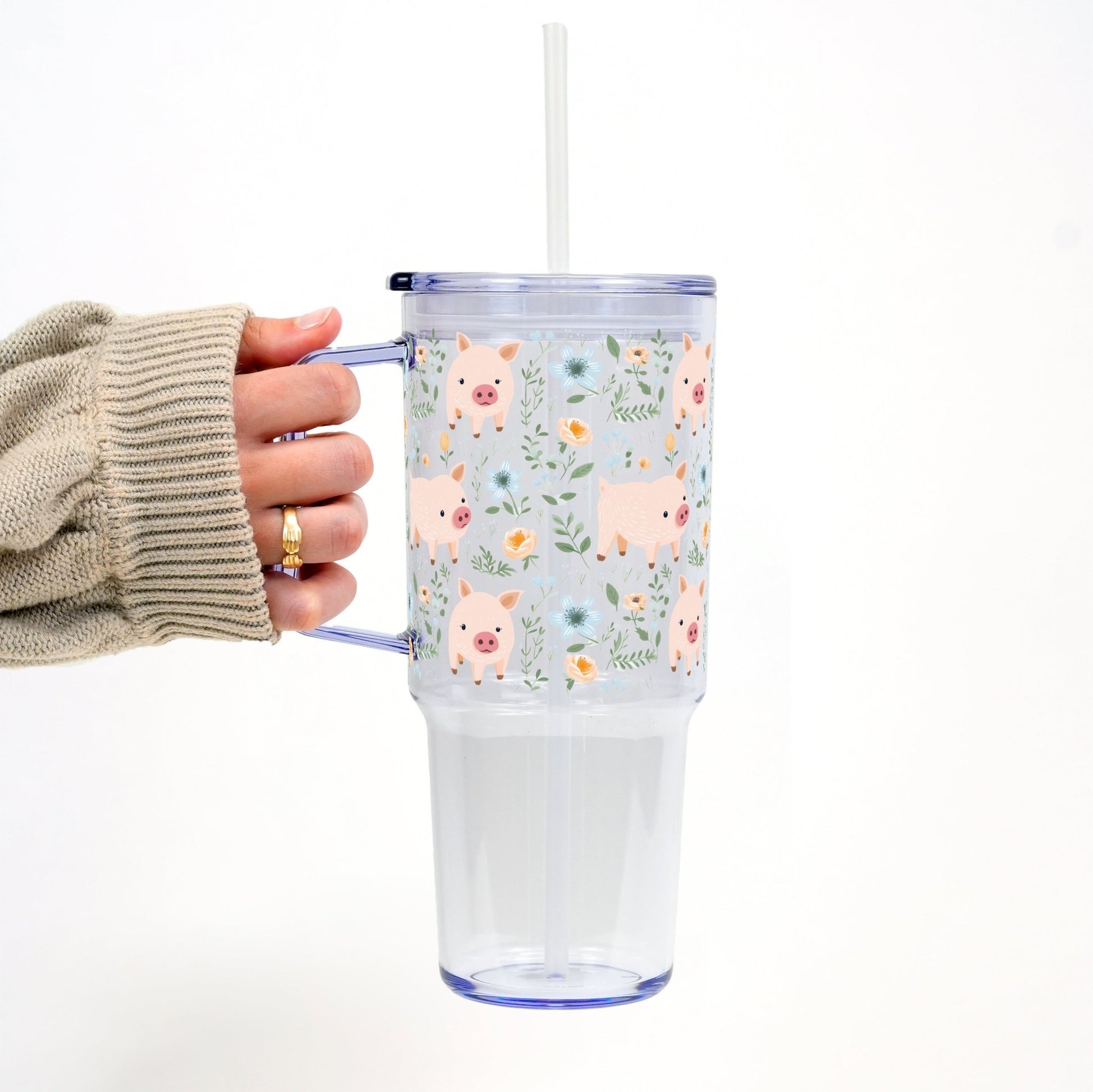 Piggy Floral 40oz Tumbler With Handle Lid and Straw - Sip Sip Hooray