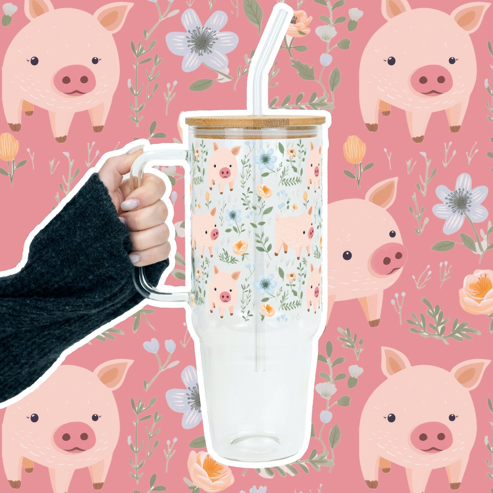 Piggy Floral 40oz Tumbler With Handle Lid and Straw - Sip Sip Hooray