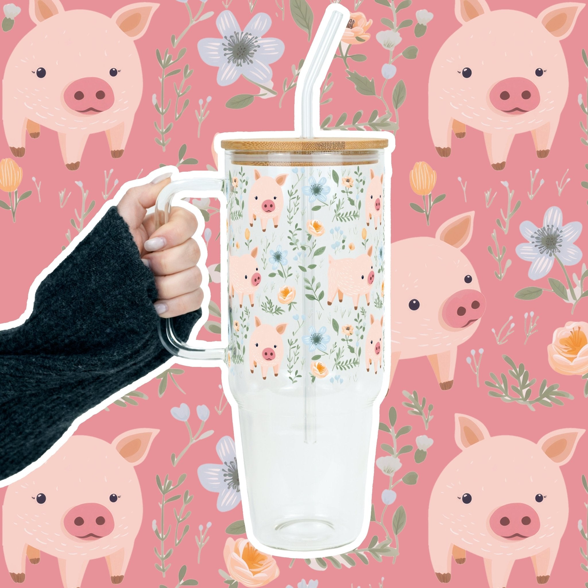 Piggy Floral 40oz Tumbler With Handle Lid and Straw - Sip Sip Hooray
