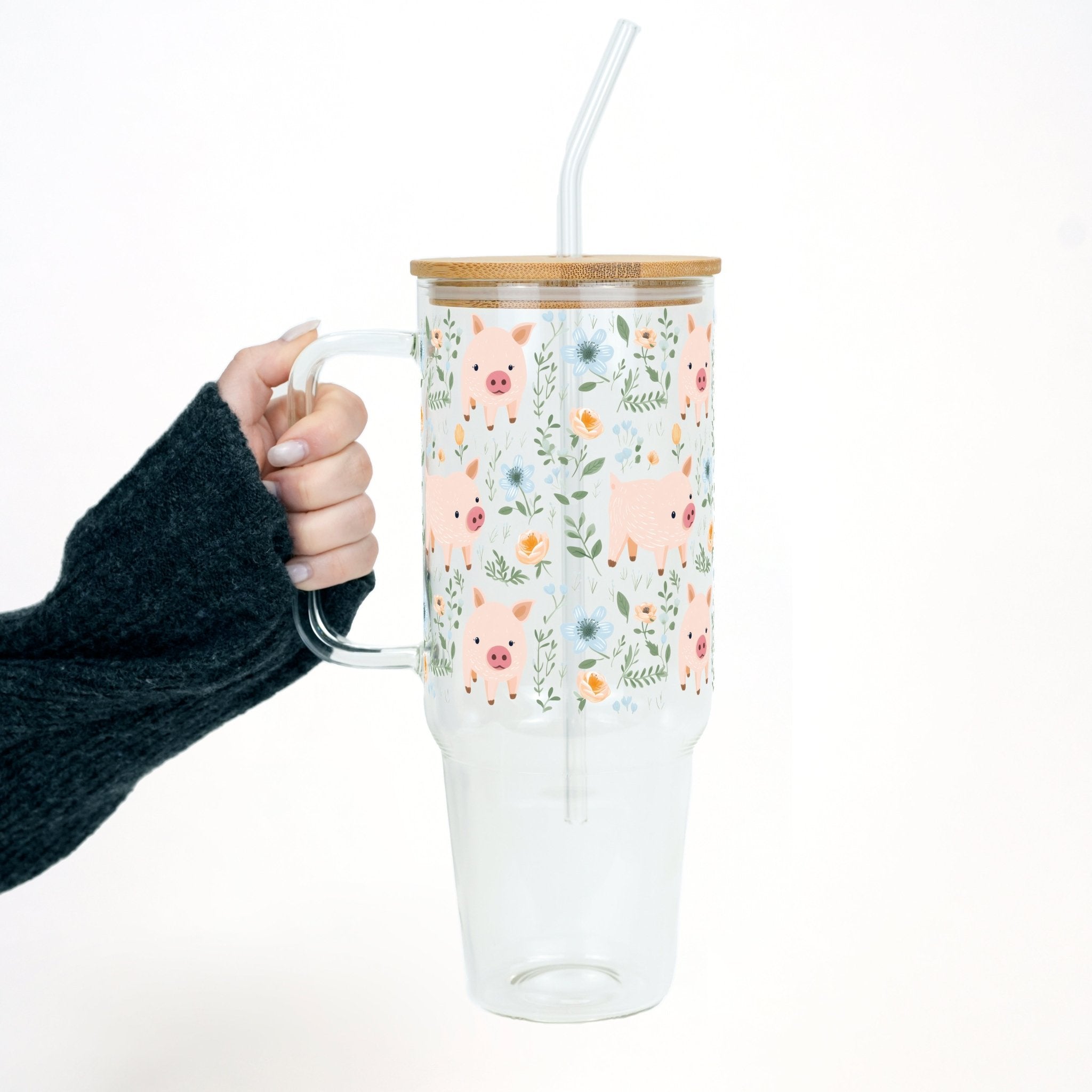 Piggy Floral 40oz Tumbler With Handle Lid and Straw - Sip Sip Hooray