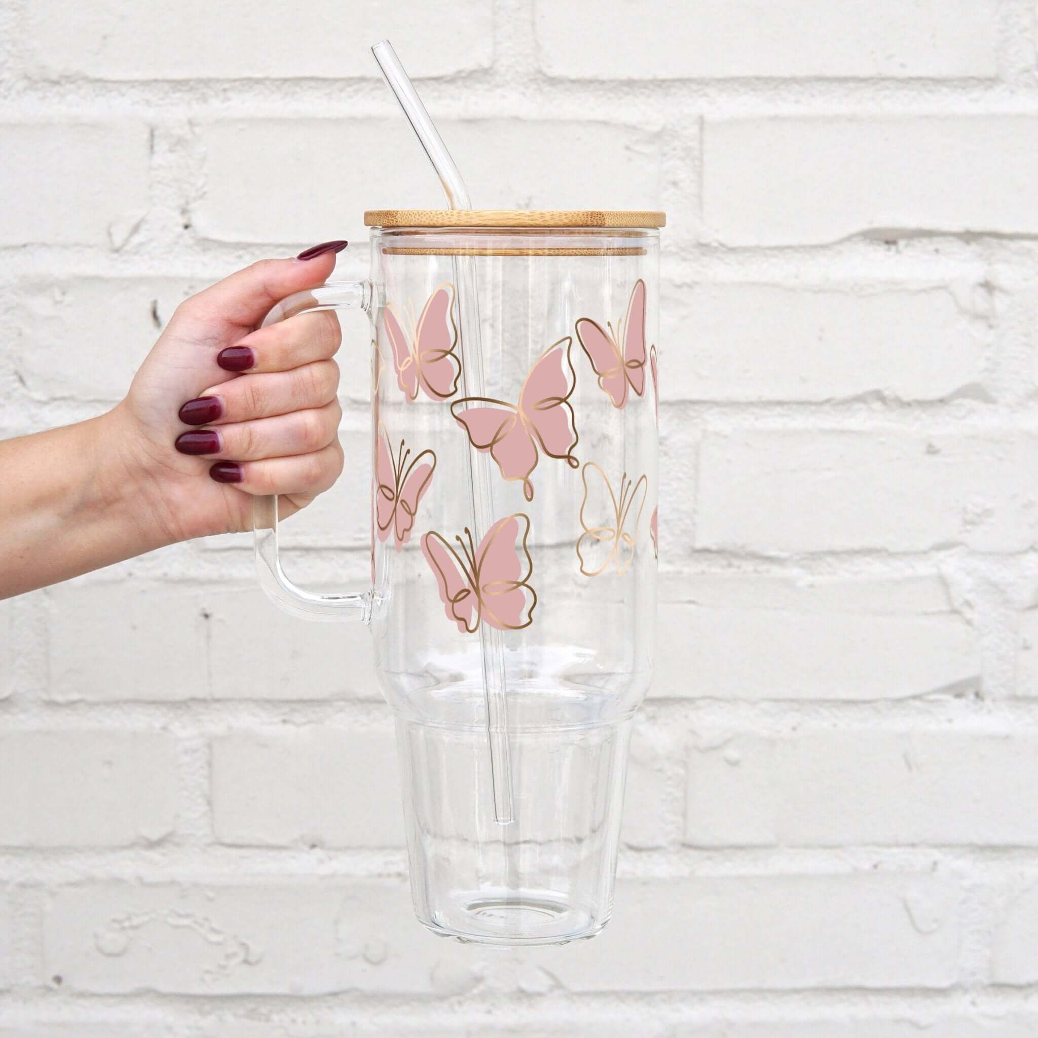Pink Butterflies Tumbler With Lid and Straw