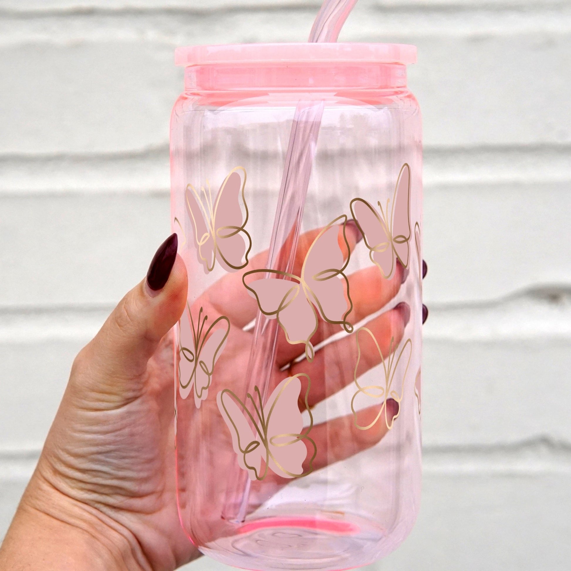 Pink Butterflies Cup With Lid and Straw - Sip Sip Hooray