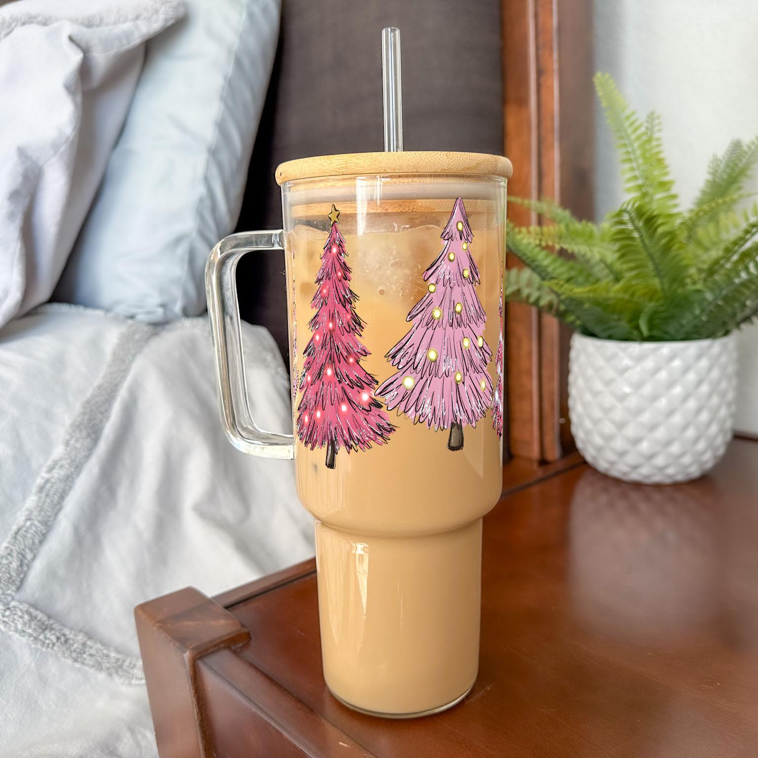 Pink Christmas Trees 40oz Glass or Plastic With Lid and Straw - Sip Sip Hooray