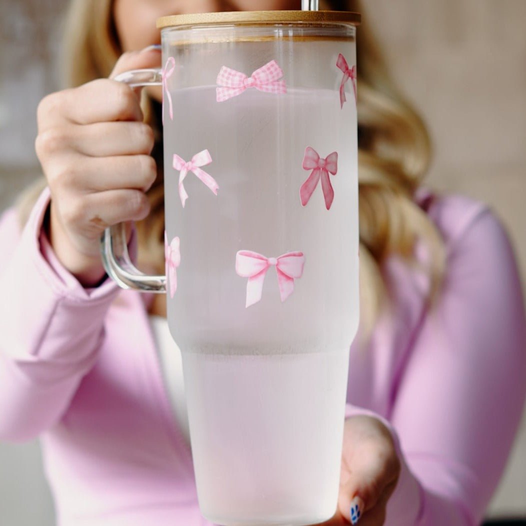 Pink Coquette Bows 40oz Glass or Plastic Tumbler With Lid and Straw - Sip Sip Hooray