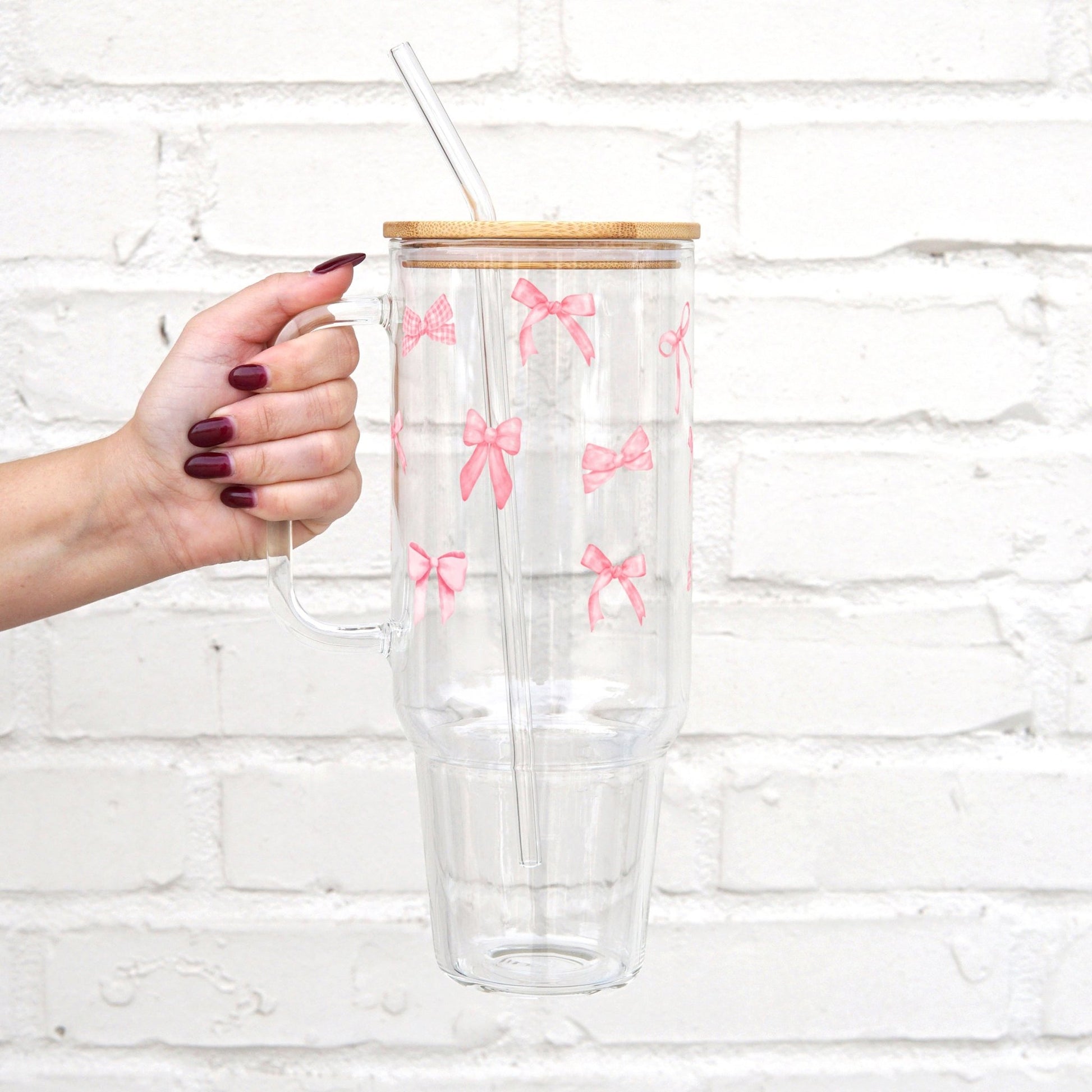 Pink Coquette Bows 40oz Glass or Plastic Tumbler With Lid and Straw - Sip Sip Hooray