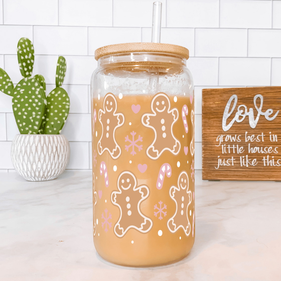 Pink Gingerbread Cup With Lid and Straw - Sip Sip Hooray