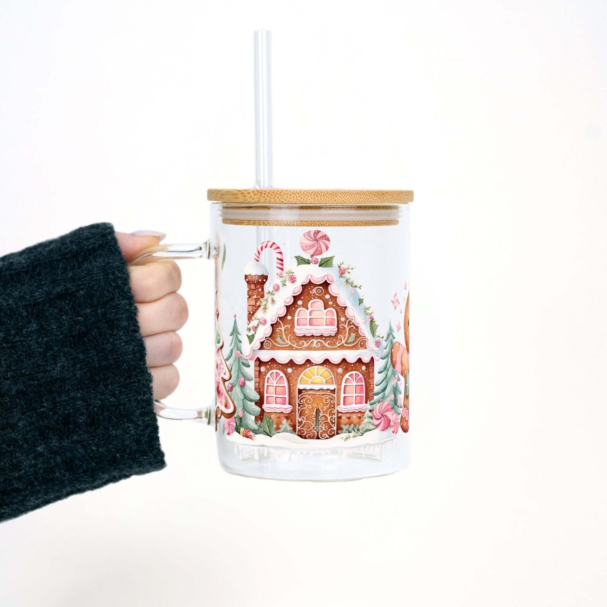 Pink Gingerbread House 17oz Glass Mug With Lid and Straw from Sip Sip Hooray – Mugs