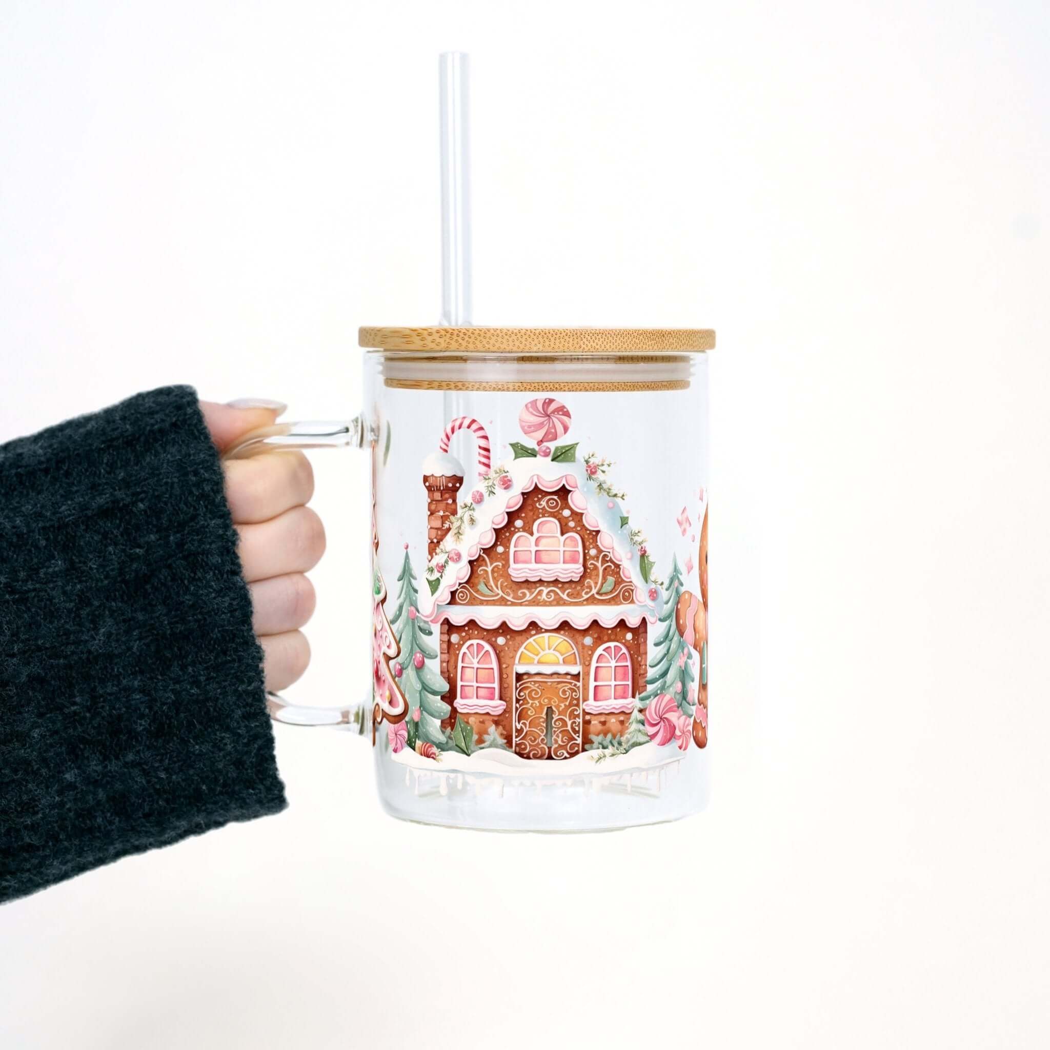 Pink Gingerbread House 17oz Glass Mug With Lid and Straw