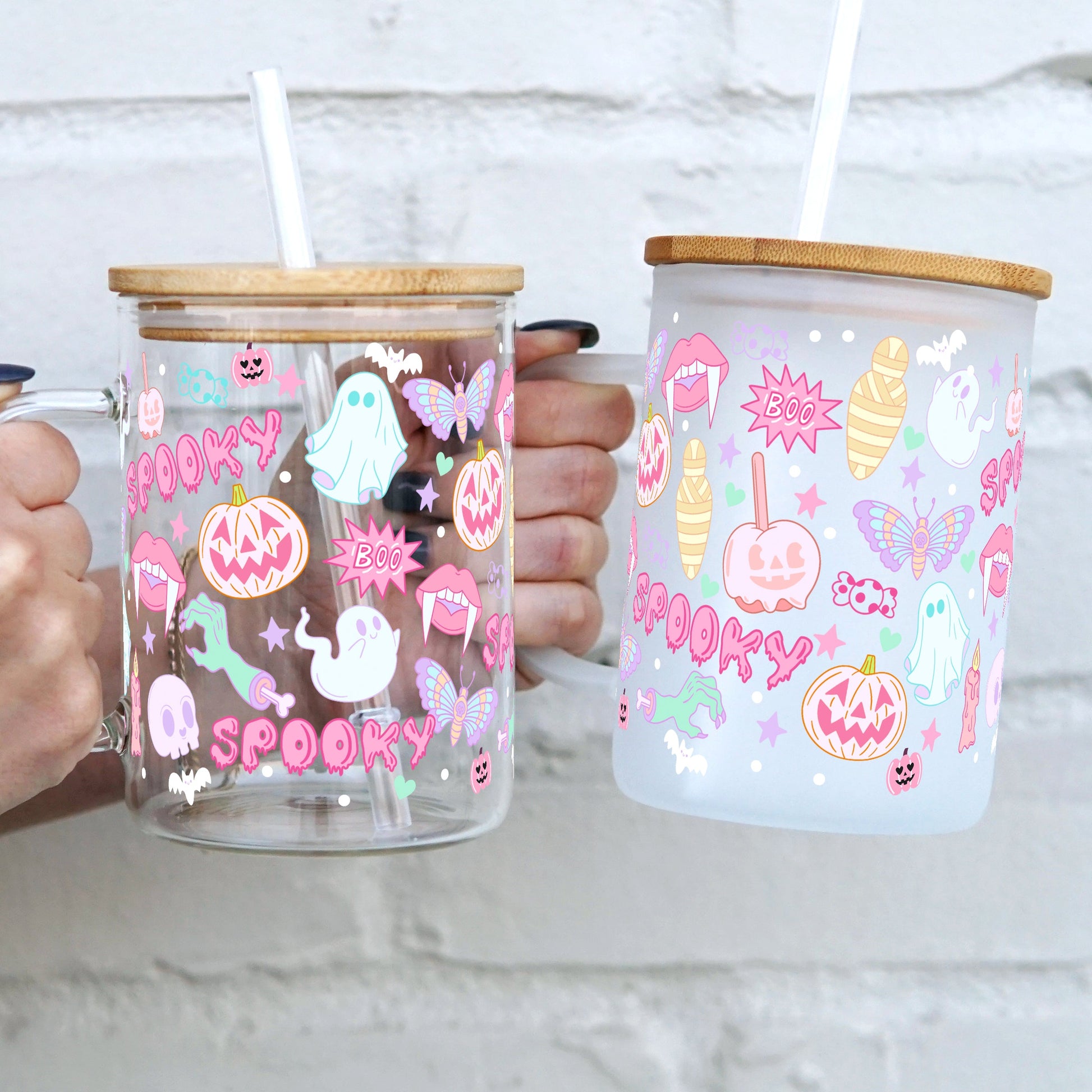 Pink Halloween 17oz Glass Mug With Lid and Straw - Sip Sip Hooray