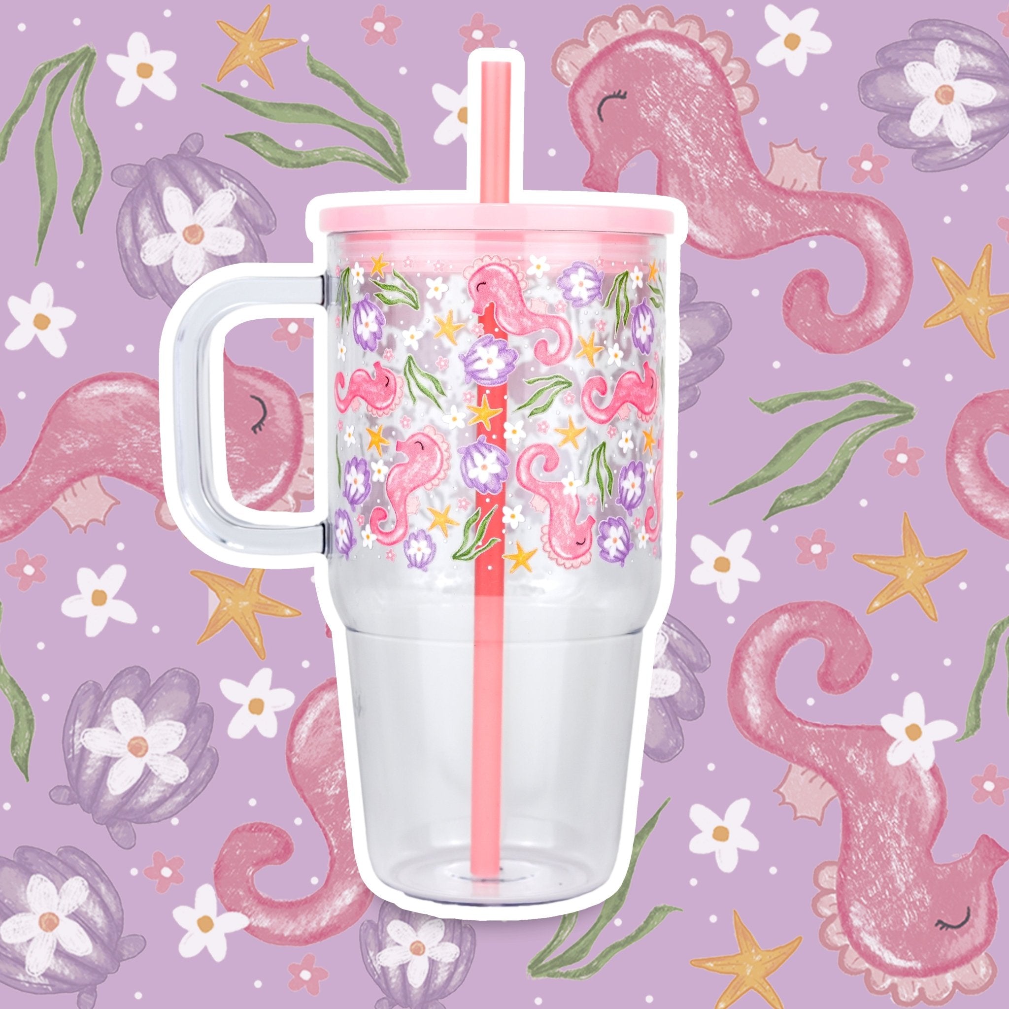 Pink Seahorses & Sea Flowers 20oz Kids Tumbler with Handle, Lid & Straw - Sip Sip Hooray