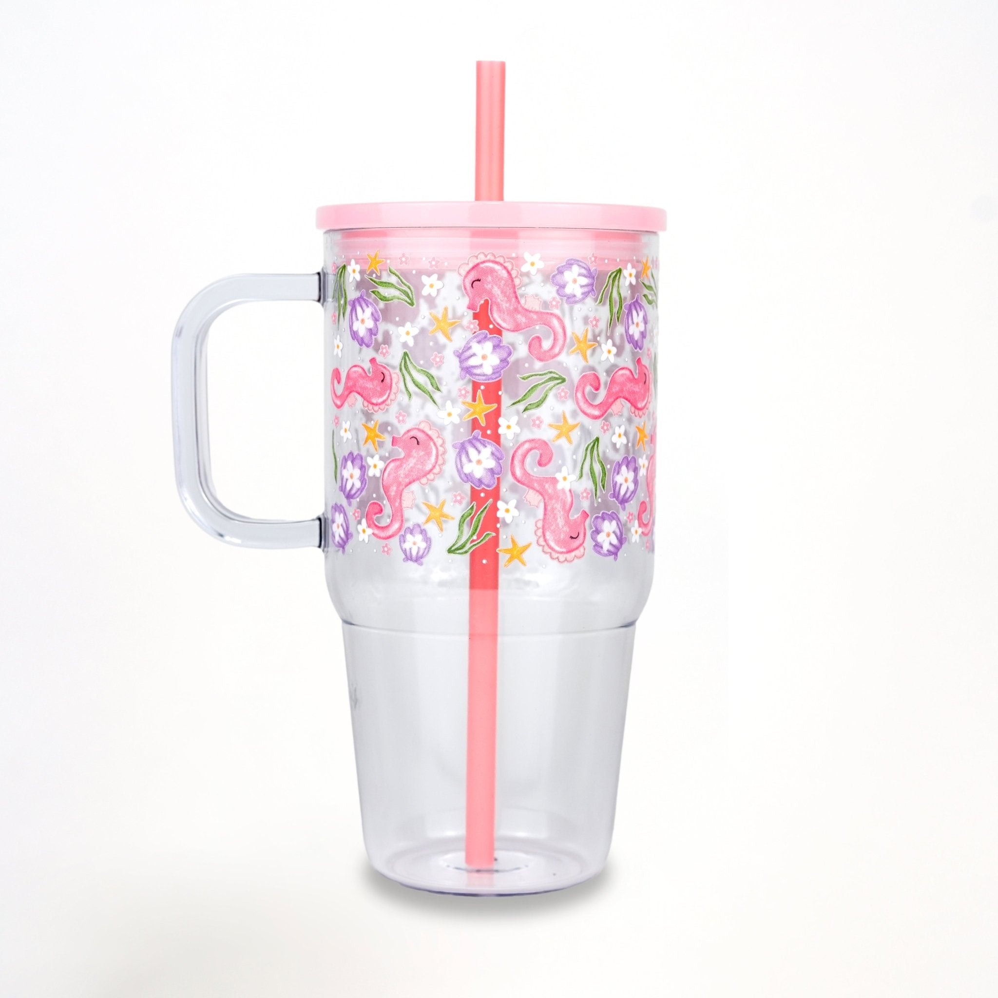 Pink Seahorses & Sea Flowers 20oz Kids Tumbler with Handle, Lid & Straw - Sip Sip Hooray