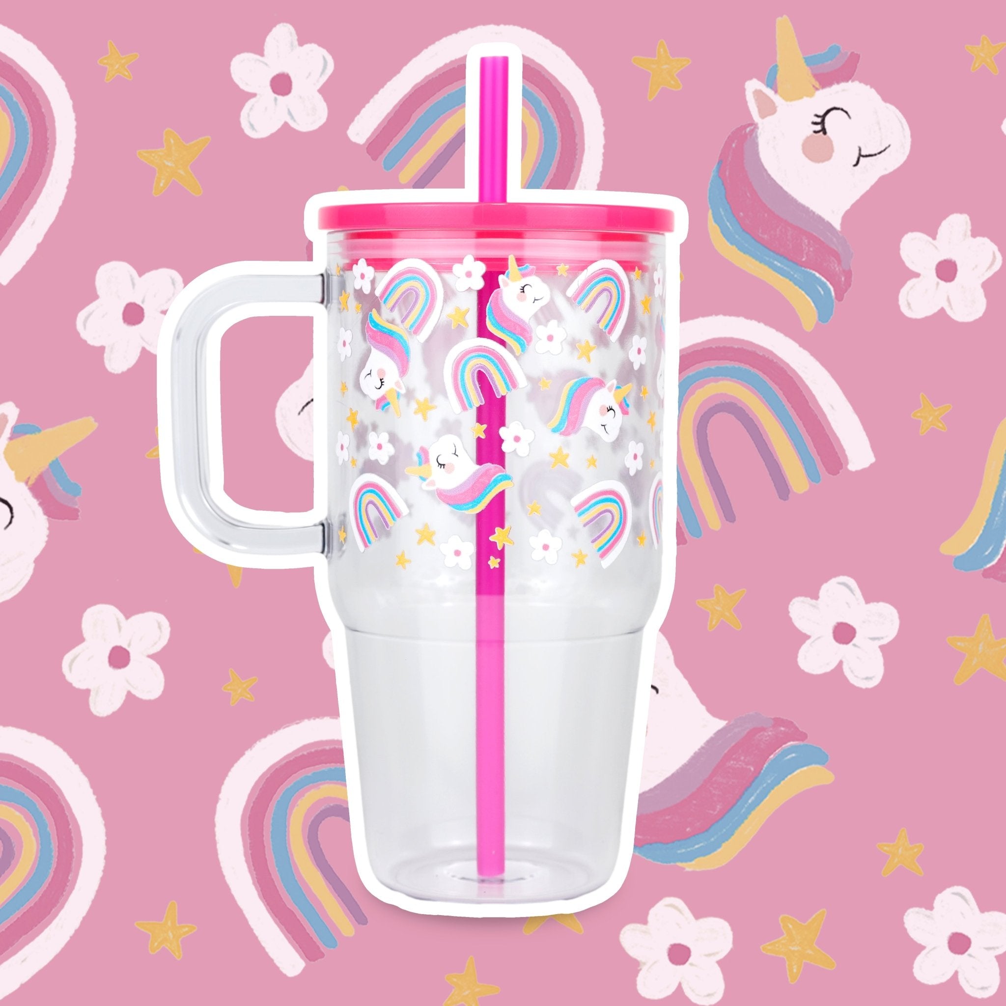 Pink Unicorns, Rainbows & Stars 20oz Kids Tumbler with Handle, Lid & Straw - Sip Sip Hooray