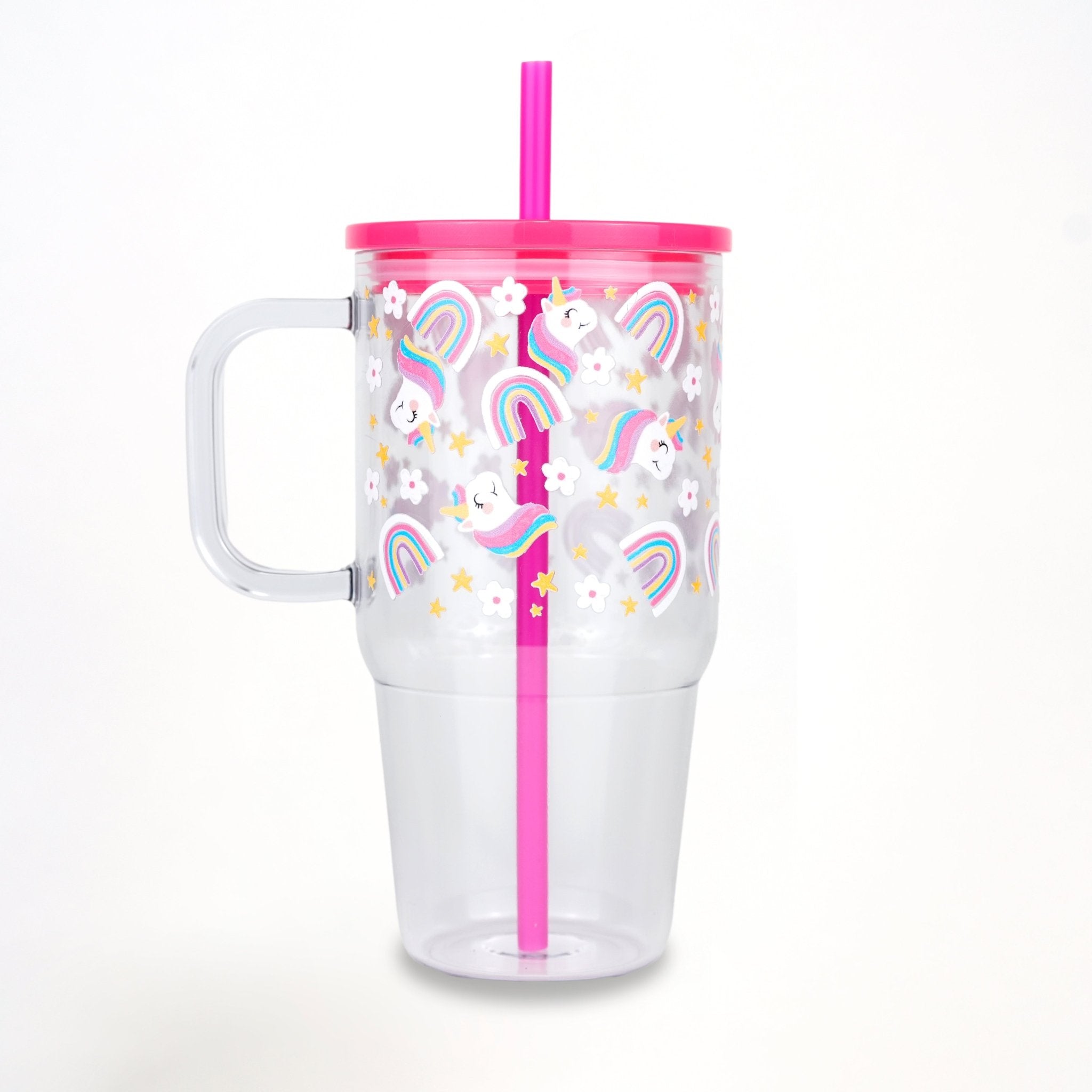 Pink Unicorns, Rainbows & Stars 20oz Kids Tumbler with Handle, Lid & Straw - Sip Sip Hooray