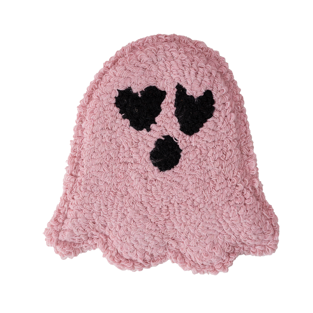 Light Pink Heart Eye Ghostie Mug Rug, Tufted Coaster, Pink Halloween Coffee Bar Decor