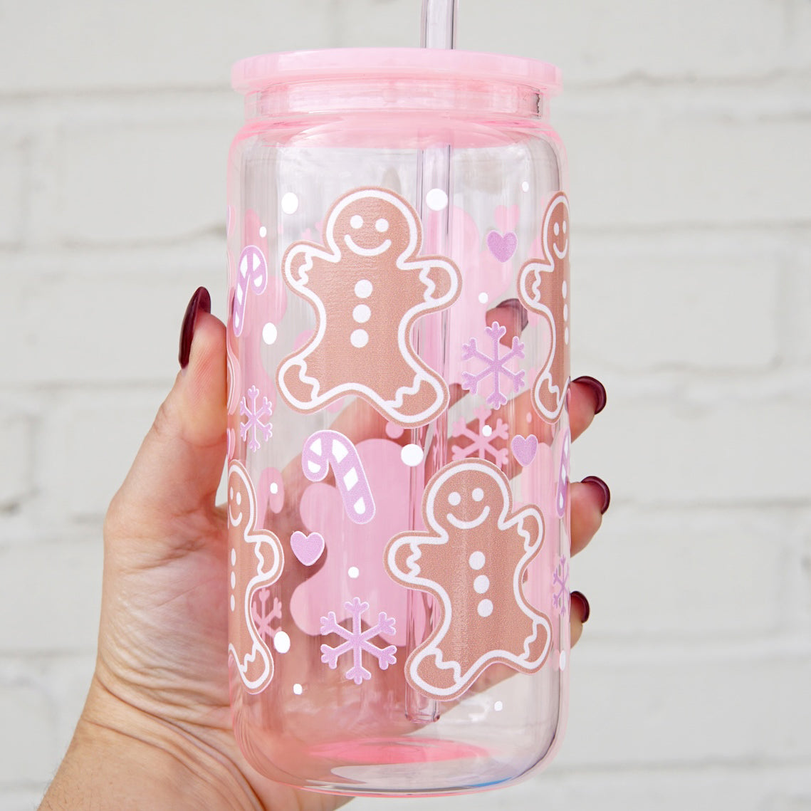 16oz Christmas Glass Can Cup with Pink Lid and Pink Straw