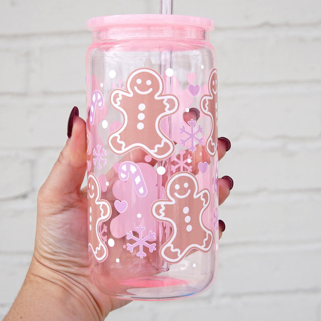 16oz Christmas Glass Can Cup with Pink Lid and Pink Straw