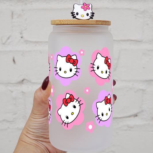 16oz Pink Floral Kitty Glass Can Cup with Lid and Straw