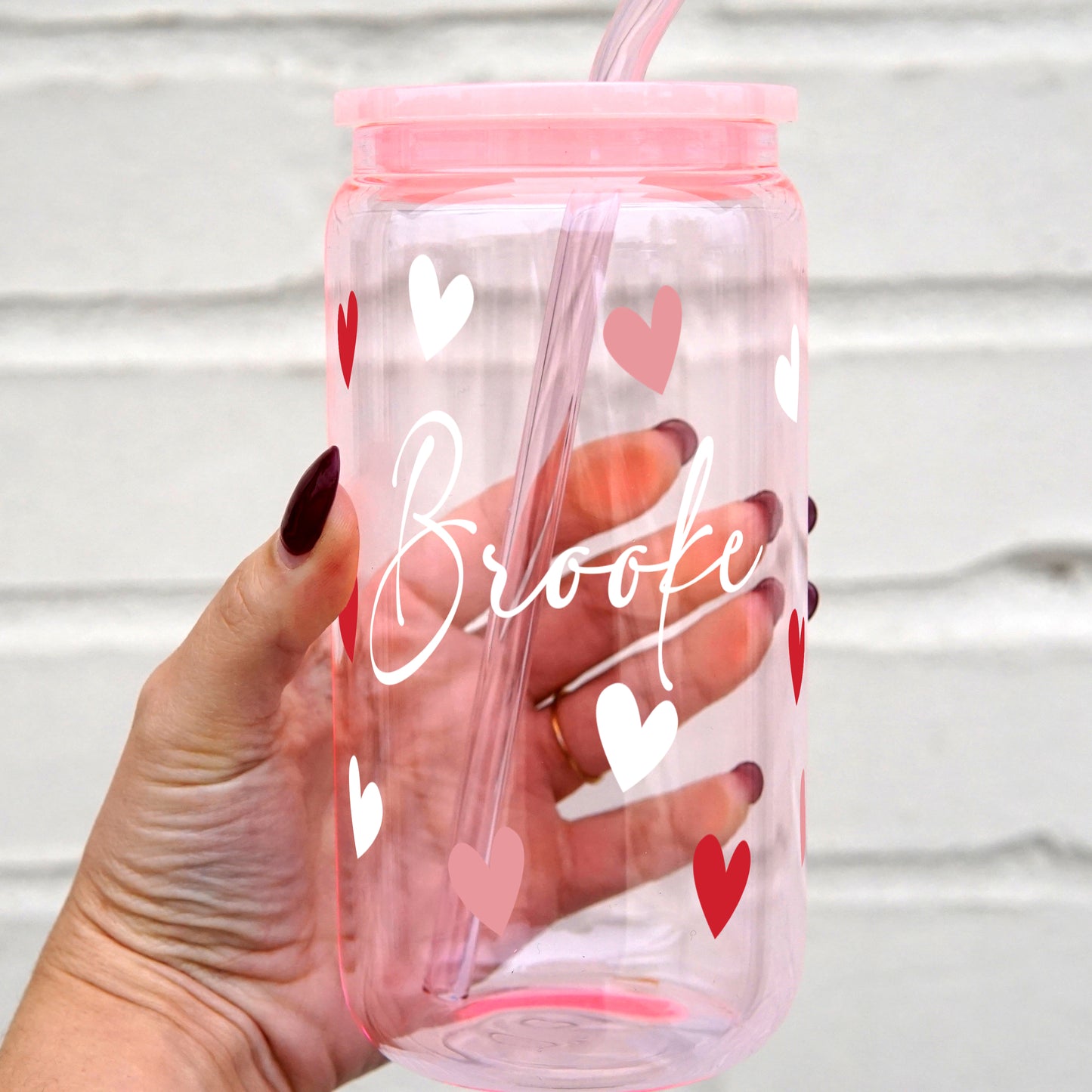 Personalized Hearts 16oz Glass Can Cup with Lid and Straw