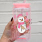 Boujee Snowman with Pink Snowflakes 16oz Glass Can Cup with Lid and Straw