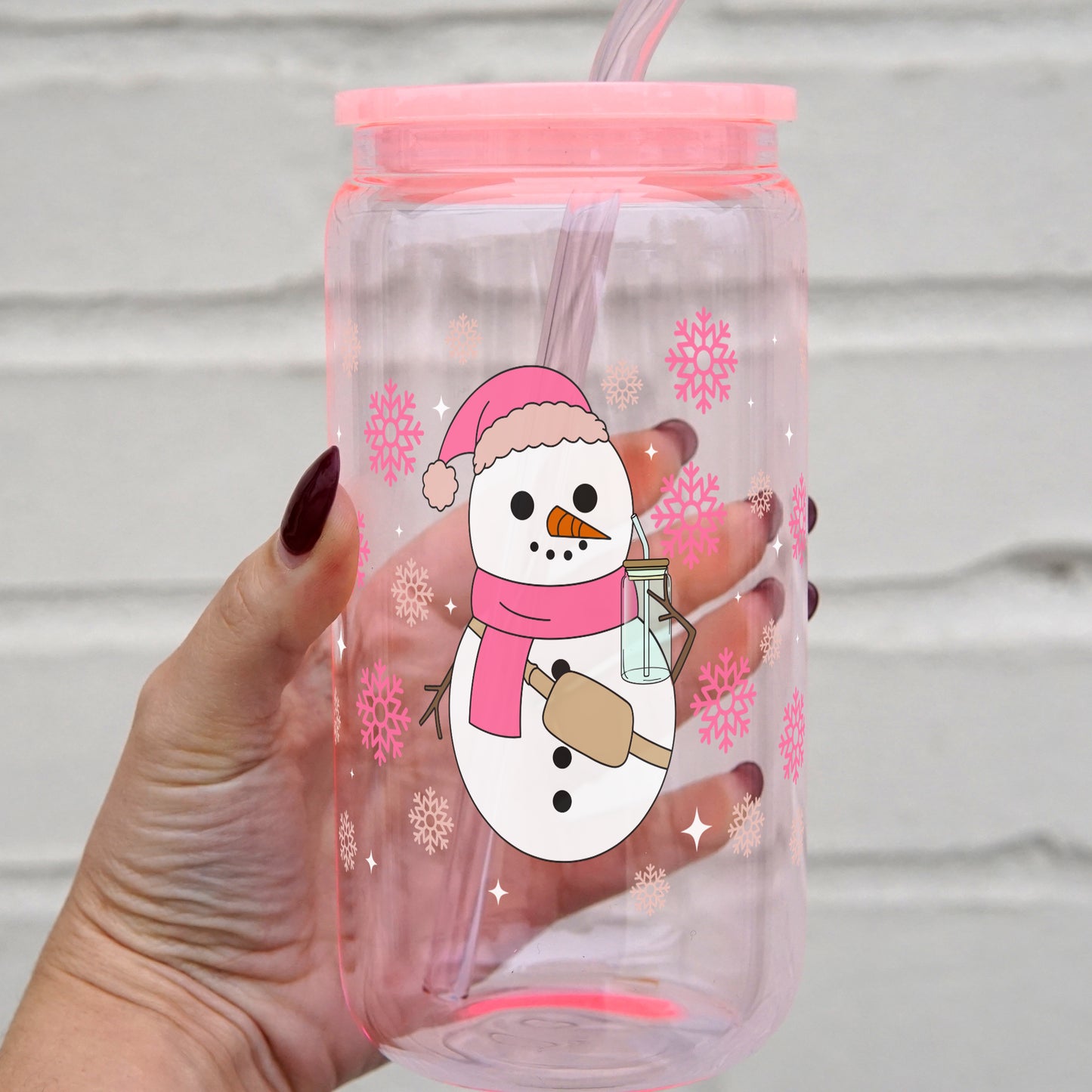 16oz Boujee Snowman with Pink Snowflakes Glass Can Cup with Lid and Straw