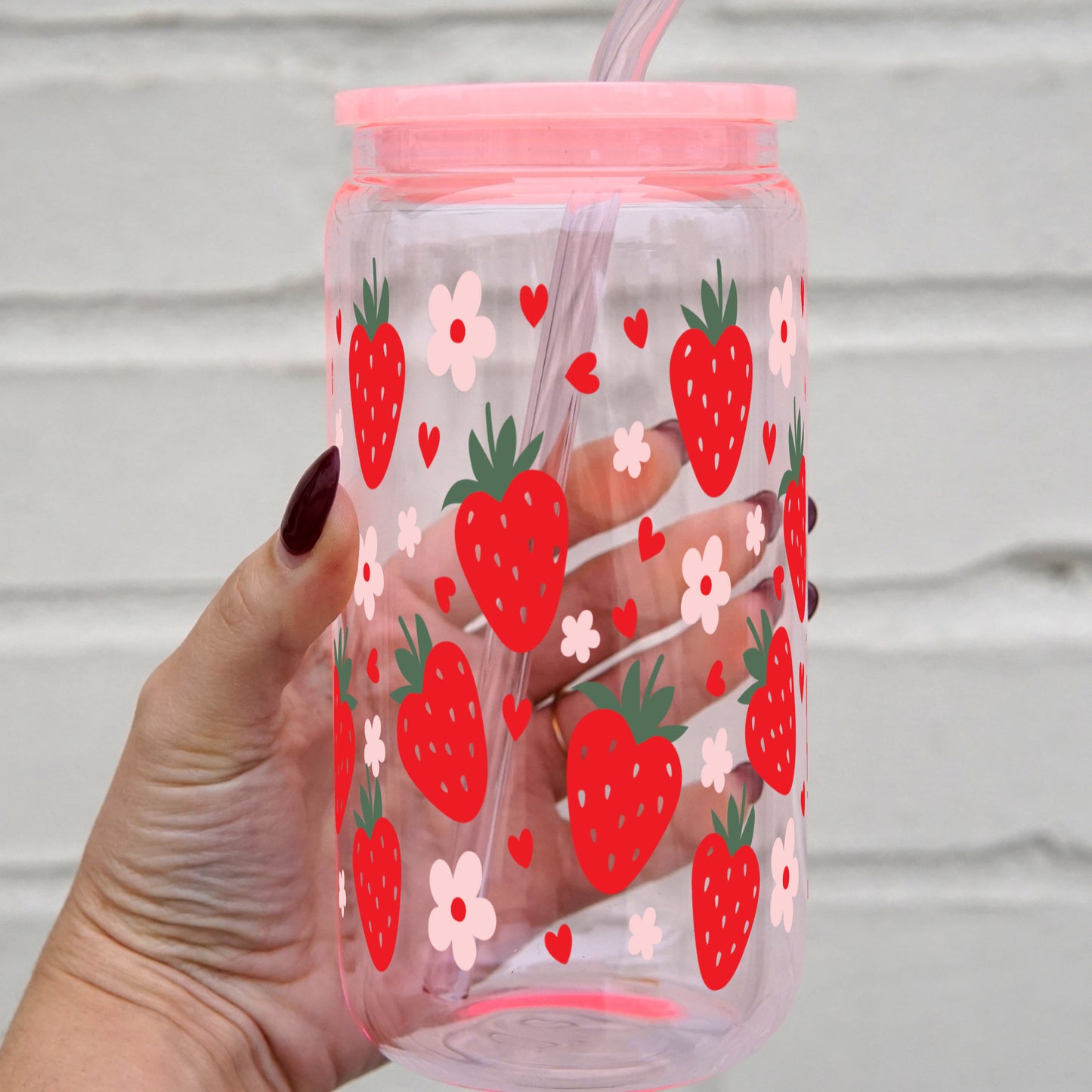 Strawberries, Flowers, and Daisies 16oz Glass Can Cup