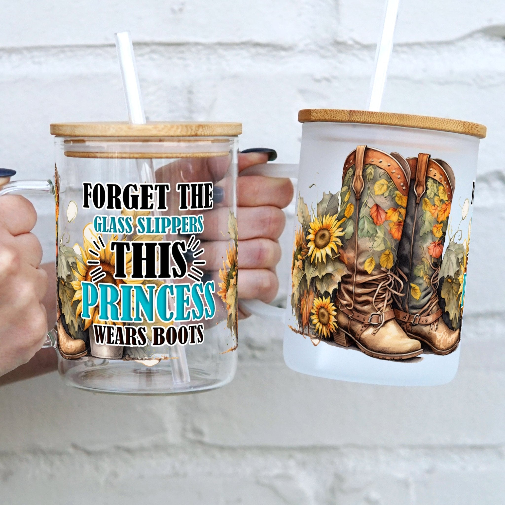Princess Boots 17oz Glass Mug WIth Lid and Straw - Sip Sip Hooray