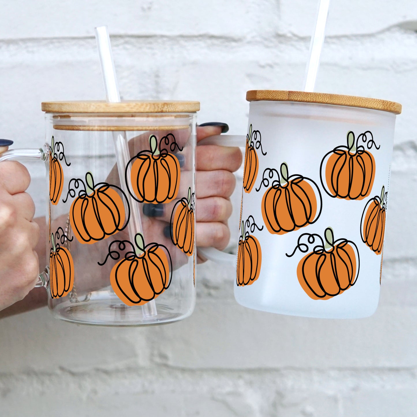 Fall Pumpkin 17oz Glass Mug With Lid and Straw