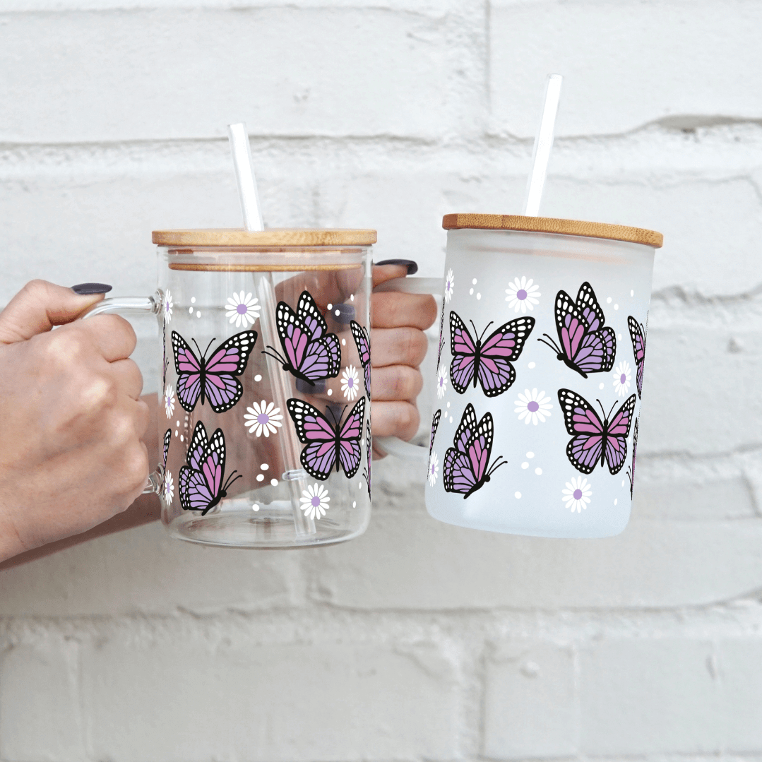 Purple Butterfly 17oz Glass Mug with Lid and Straw