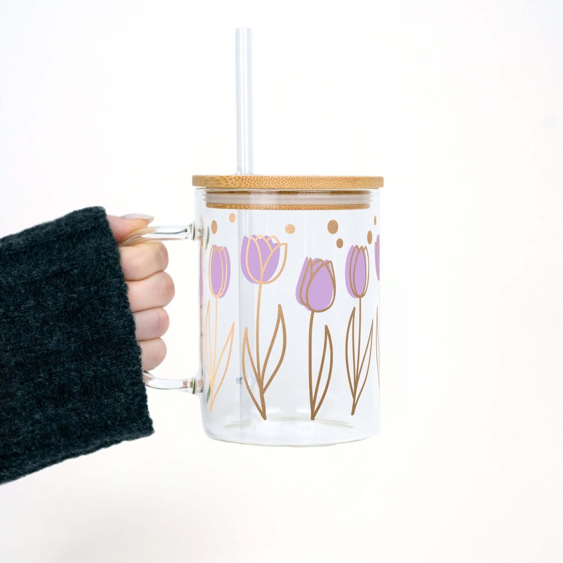 Purple Tulips 17oz Glass Mug With Lid and Straw from Sip Sip Hooray – Drinkware