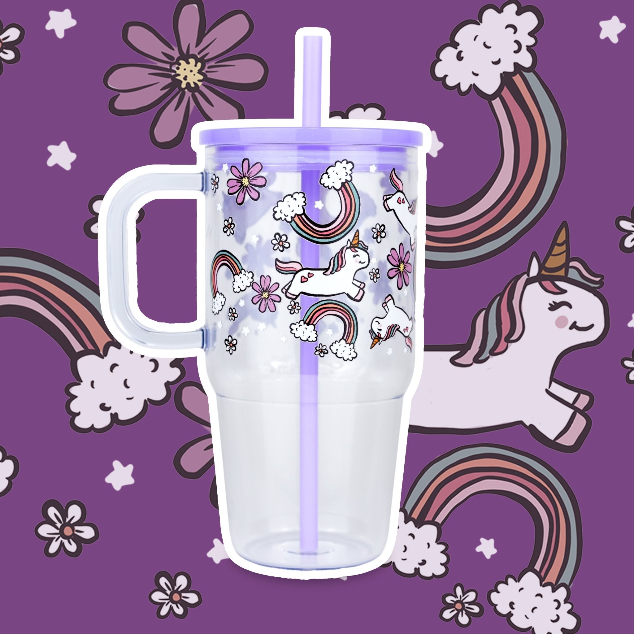 Purple Unicorns, Rainbows & Daisies 20oz Kids Tumbler with Handle, Lid & Straw - Sip Sip Hooray