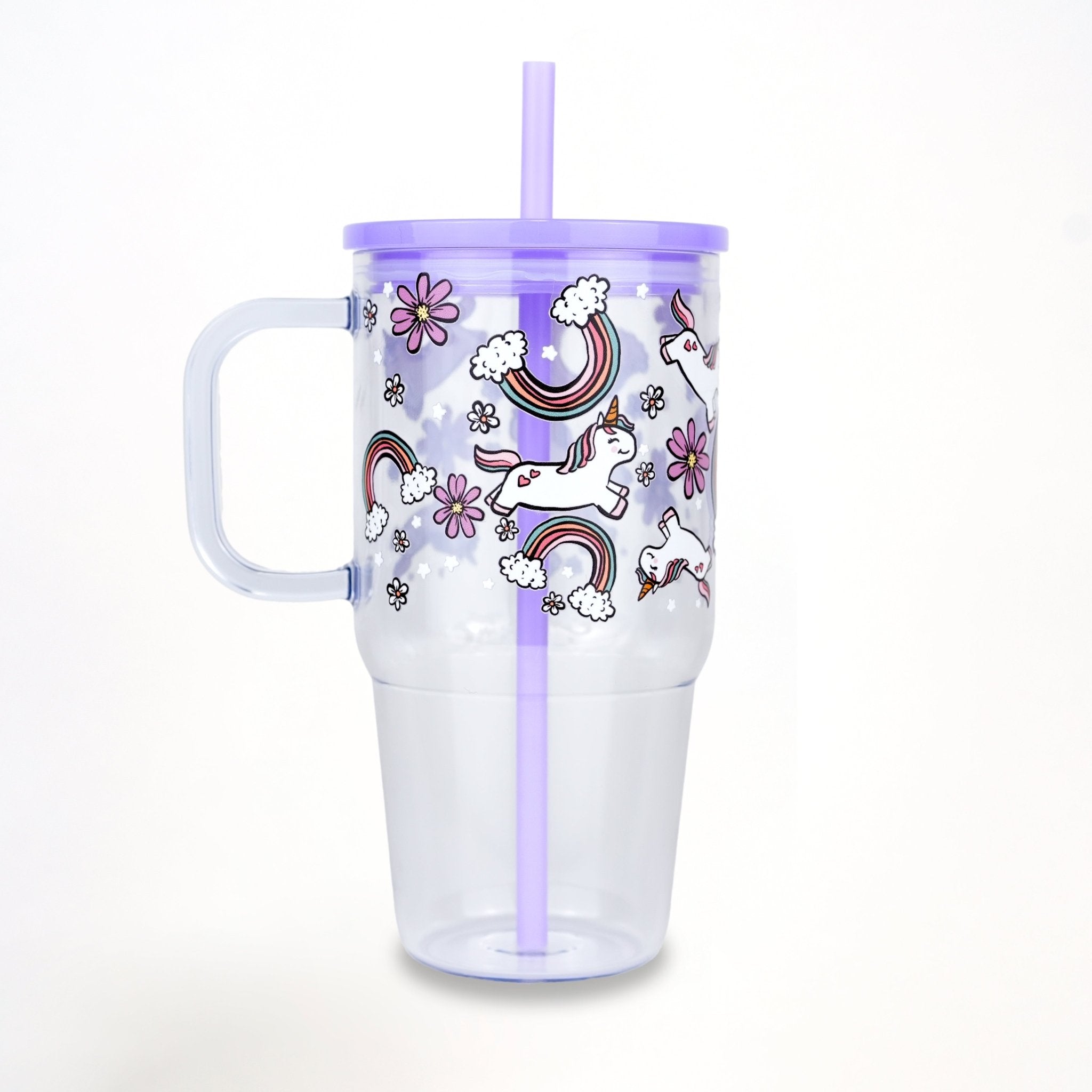 Purple Unicorns, Rainbows & Daisies 20oz Kids Tumbler with Handle, Lid & Straw - Sip Sip Hooray
