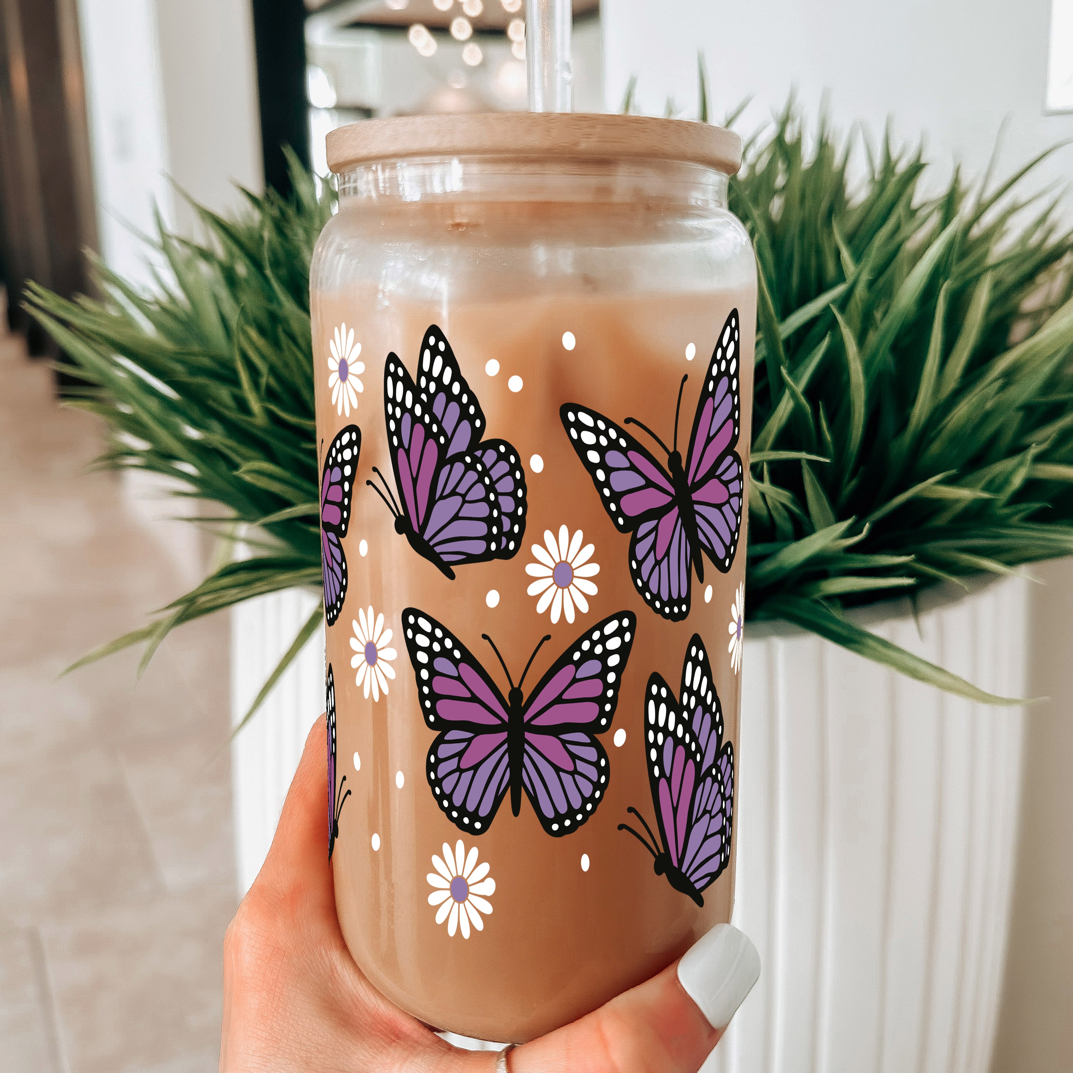 Purple Monarch Butterfly Glass Can Cup with Lid and Straw